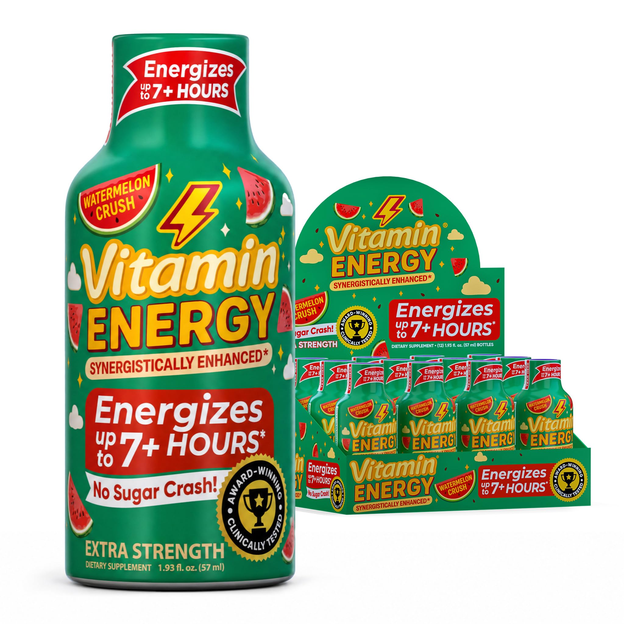 Vitamin Energy Watermelon Crush Extra Strength Energy Shot, 8 Pack - Up to 7 Hrs, 260mg Natural Caffeine, Zero Sugar - Green Tea Extract, Immune Support, B12 B6 Niacin, 1.93 fl oz, Keto Vegan
