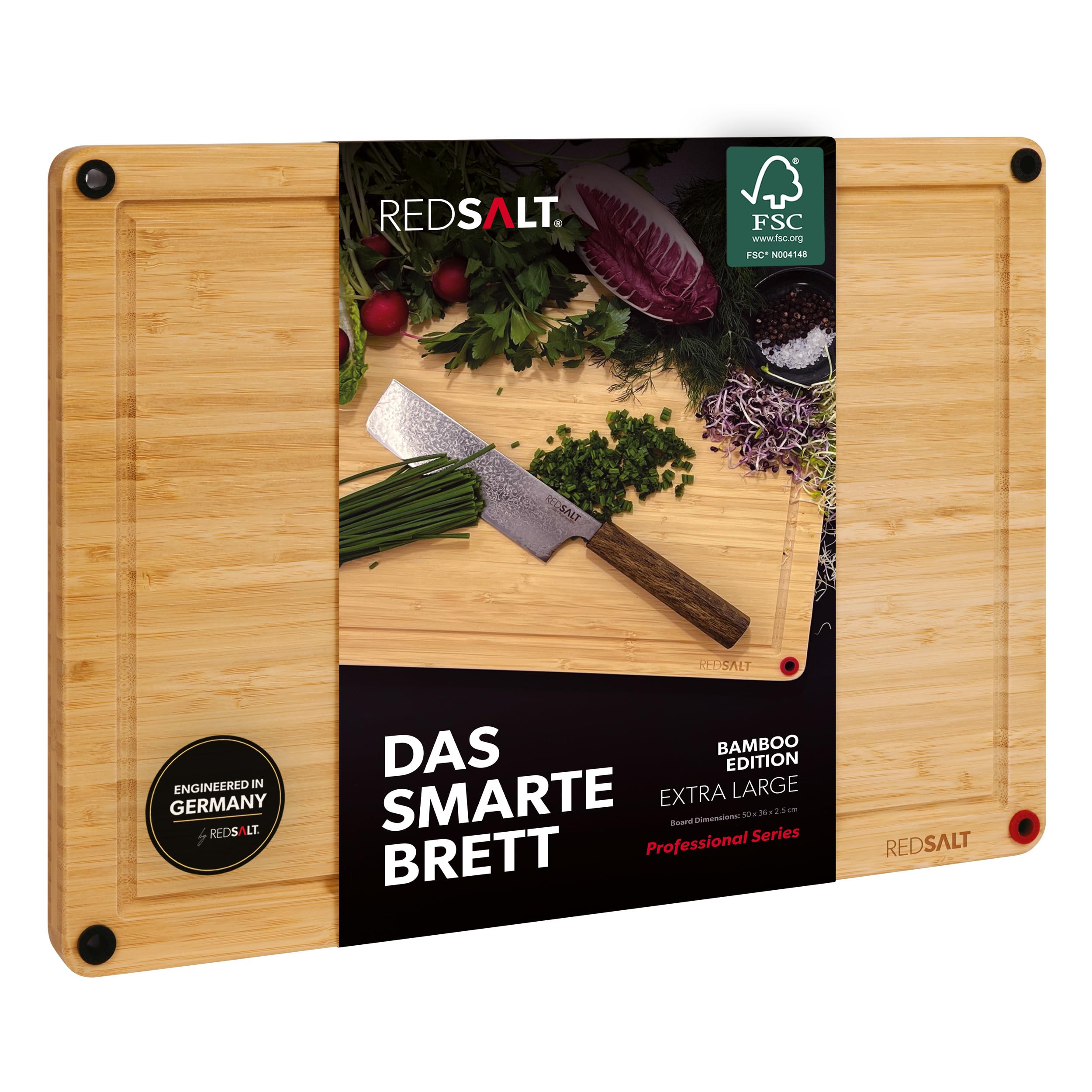 REDSALT großes Bambus Schneidebrett XL | rutschfestes Premium Küchenbrett | Cutting Board Holz beidseitig, Holzschneidbrett antibakteriell, tiefe Saftrille | Holzbrett Küche Grill Holzschneidbrett