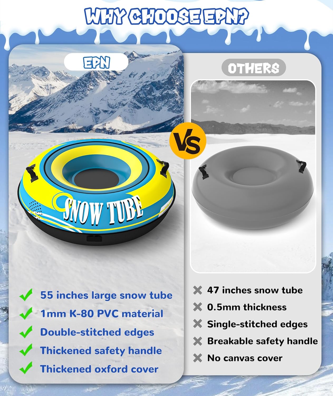 EPN Heavy Duty Snow Tube with Premium Oxford Covers and Handles for Adults, Thickened Bottom Inflatable Snow Sled Sledding Toboggan Winter Outdoor Fun