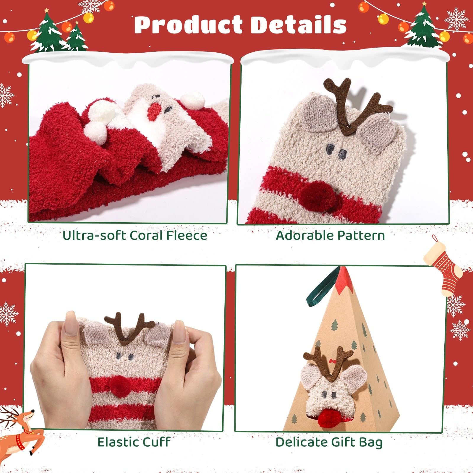 4 Paar Weihnachtssocken, kuschelige Korallfleece-Socken für Damen, weiche winterliche Flauschsocken mit Geschenkboxen, Haussocken, Bettsocken, Santa- und Rentier-Motiv, Geschenk für Festtage