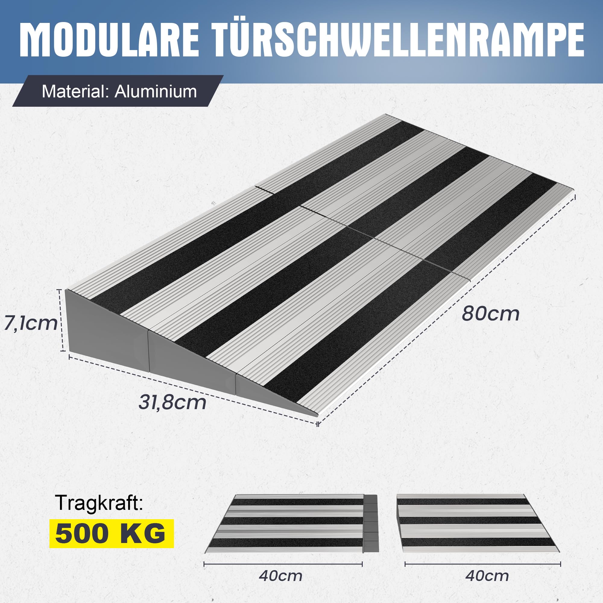 Rampa modular de aluminio para puerta de casa, escalones, ajustable y antideslizante, para sillas de ruedas, cochecitos, etc. Capacidad de carga de 500 kg (7,6 cm de altura)