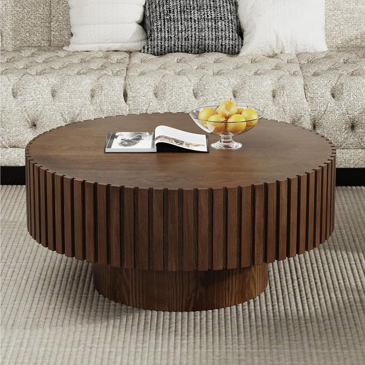 Modern Round Coffee Table, Mid Century Coffee Tables Handcrafted for Living Room, Drum Wood Fluted Circle Center Table with Solid Wood Veneered, Easy Assembly (C Walnut 31, Coffee Table)
