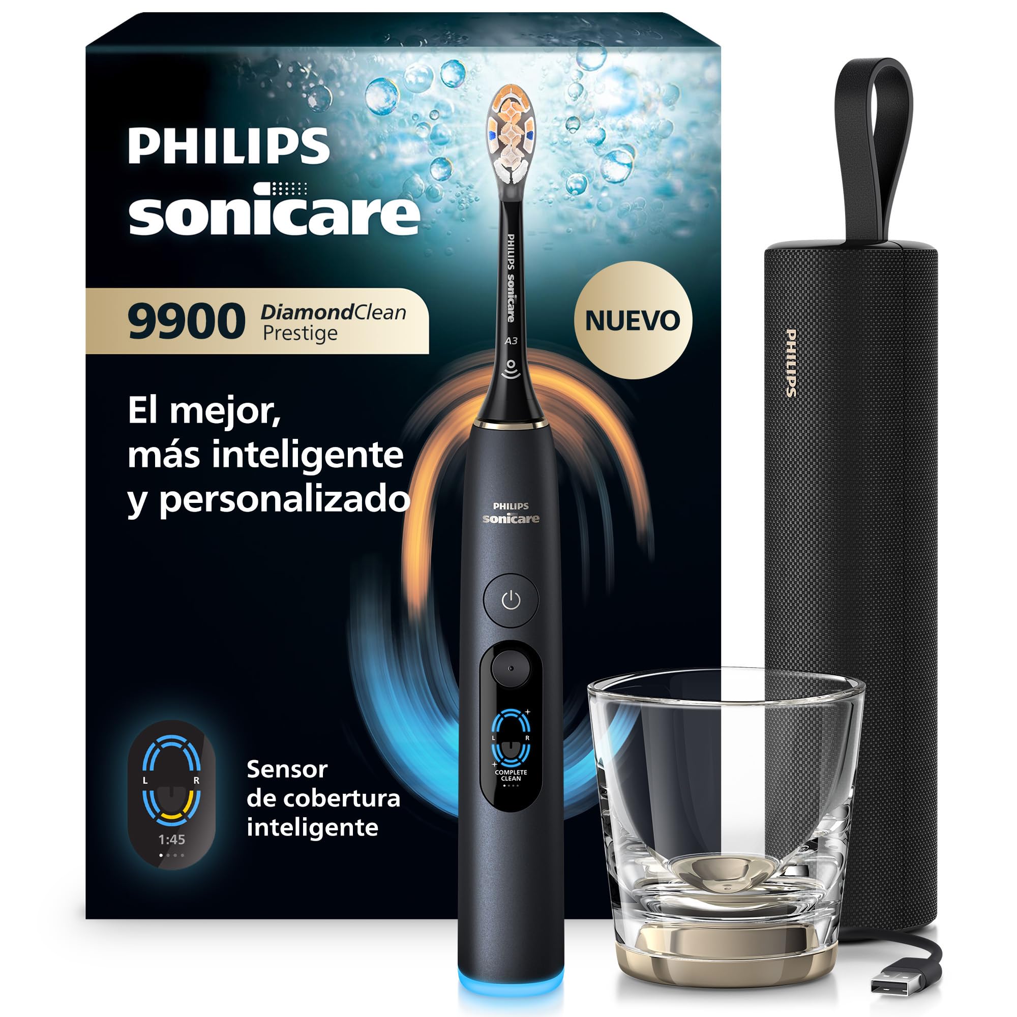 Philips Sonicare Next-Generation DiamondClean 9900 Prestige Cepillo de dientes eléctrico - con SenseIQ, Smart Coverage Feedback, Smart Pressure Feedback y 24 ajustes, negro cuarzo, HX9813/92
