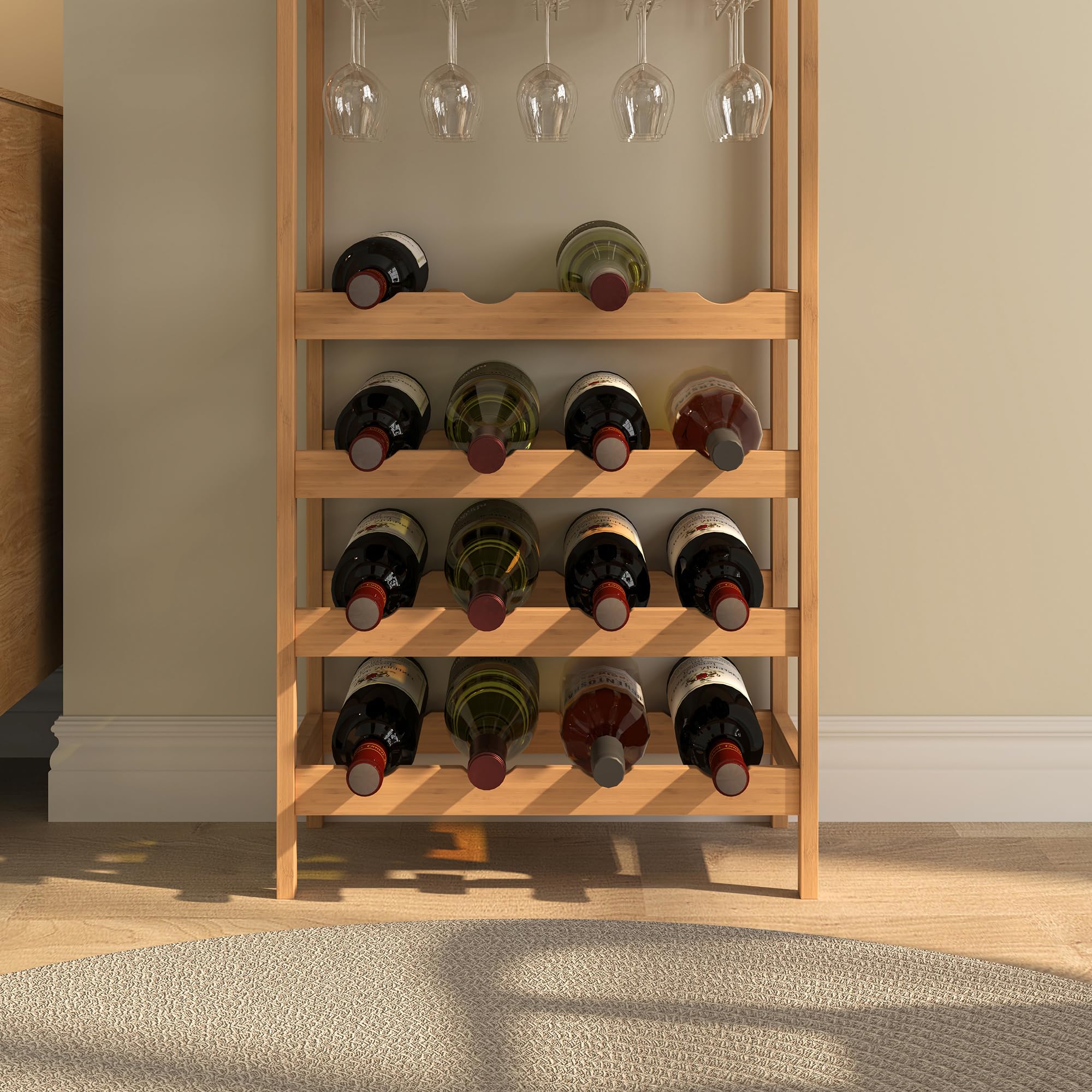 [en.casa] Cantinetta Mobile Portavino per 16 Bottiglie Scaffale Porta Bottiglie da Vino con Portabicchieri e Scomparto Aperto Soggiorno Sala da Pranzo 100 x 47 x 29 cm in Bambù Naturale