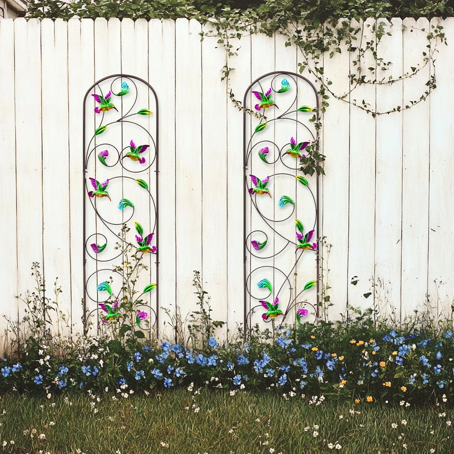 Set of 2 Hummingbird Metal Garden Trellis for Climbing Plants, Decorative Vegetables Flowers Vine Trellis for Outdoor Patio, 60'' H x 12.5'' W, Elegant Hummingbird Design