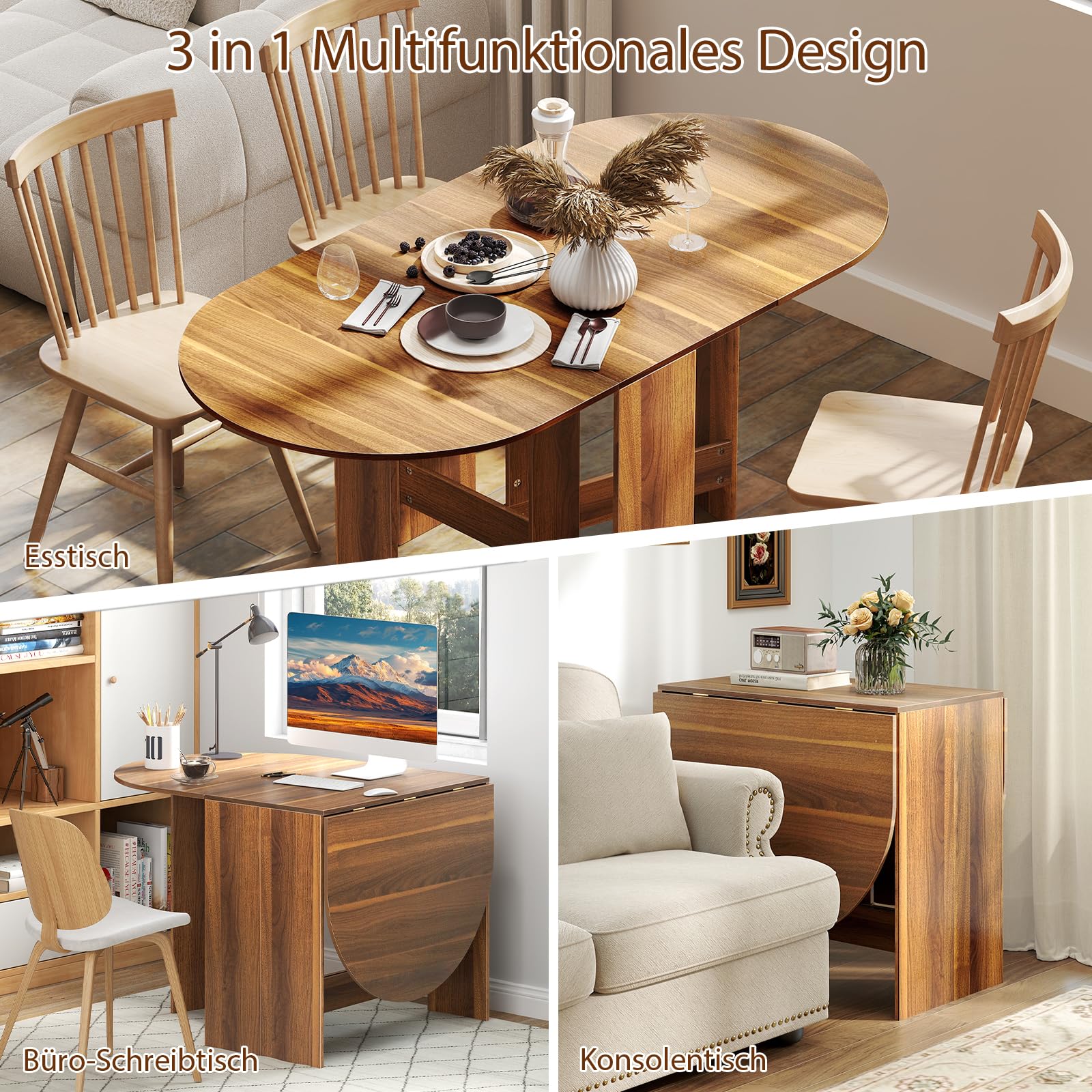 GIANTEX Esstisch klappbar, Klapptisch Küchentisch aus Holz, Esszimmertisch für 4-7 Personen, Funktionstisch Wohnzimmer Esstisch, Ovaler Küchentisch platzsparend flatbar, 163 x 80 x 75 cm (Braun)