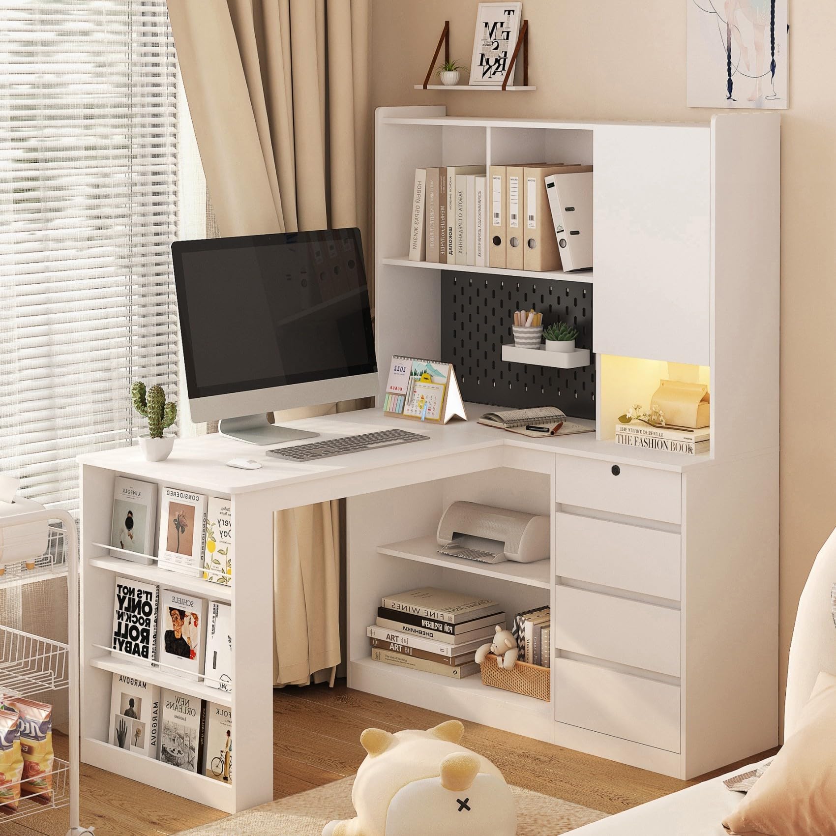 KEIKI L Shaped Home Office Desks with LED Light, Pegboard, Hutch, Drawers, Bookshelf & Storage Shelves, Modern Wooden Gaming Computer Corner Table for