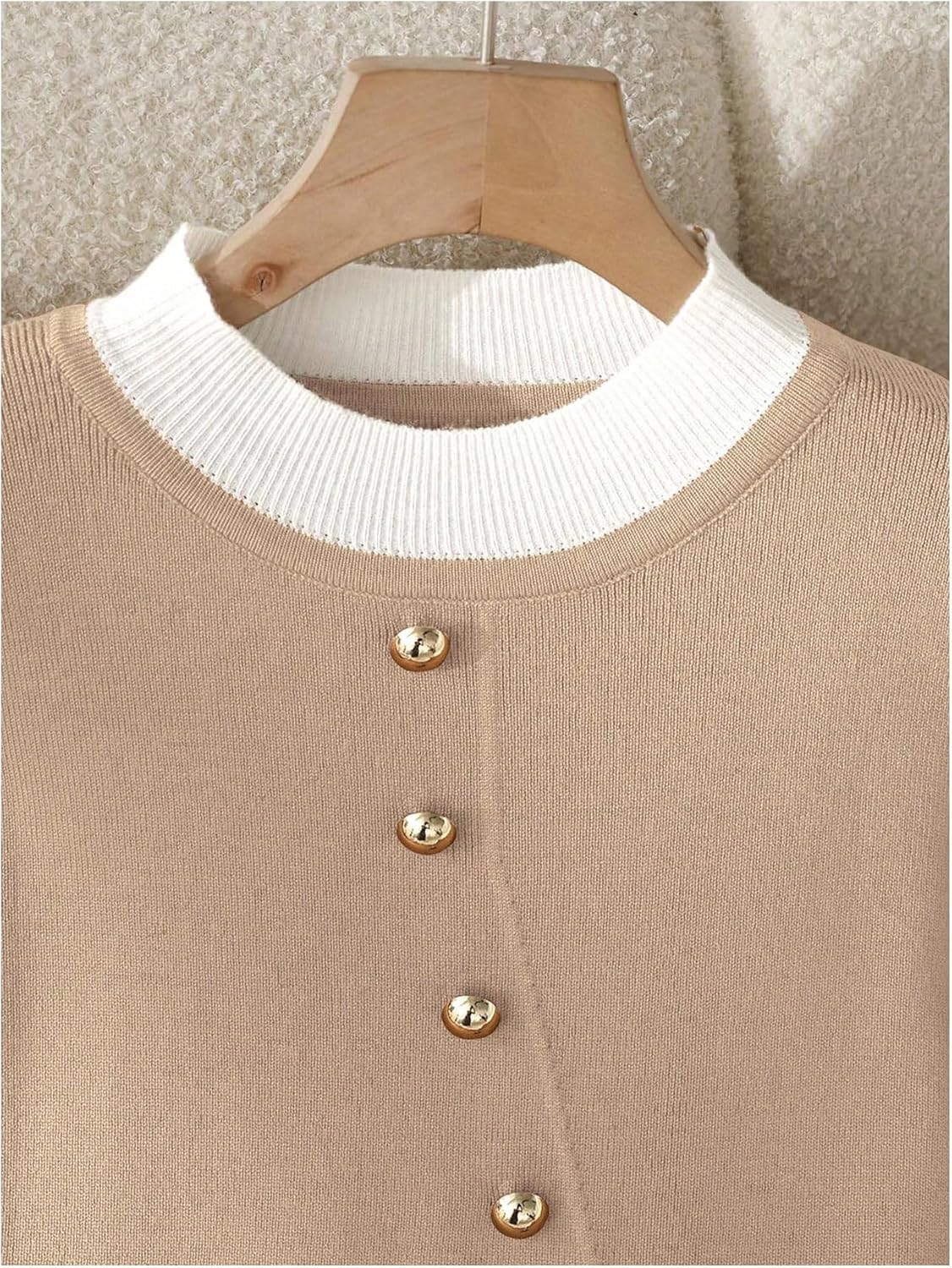 SHENHE Women's Dressy Casual Sweater Mock Neck Pleated Ruffle Gold Button Business Work Sweater - Image 4