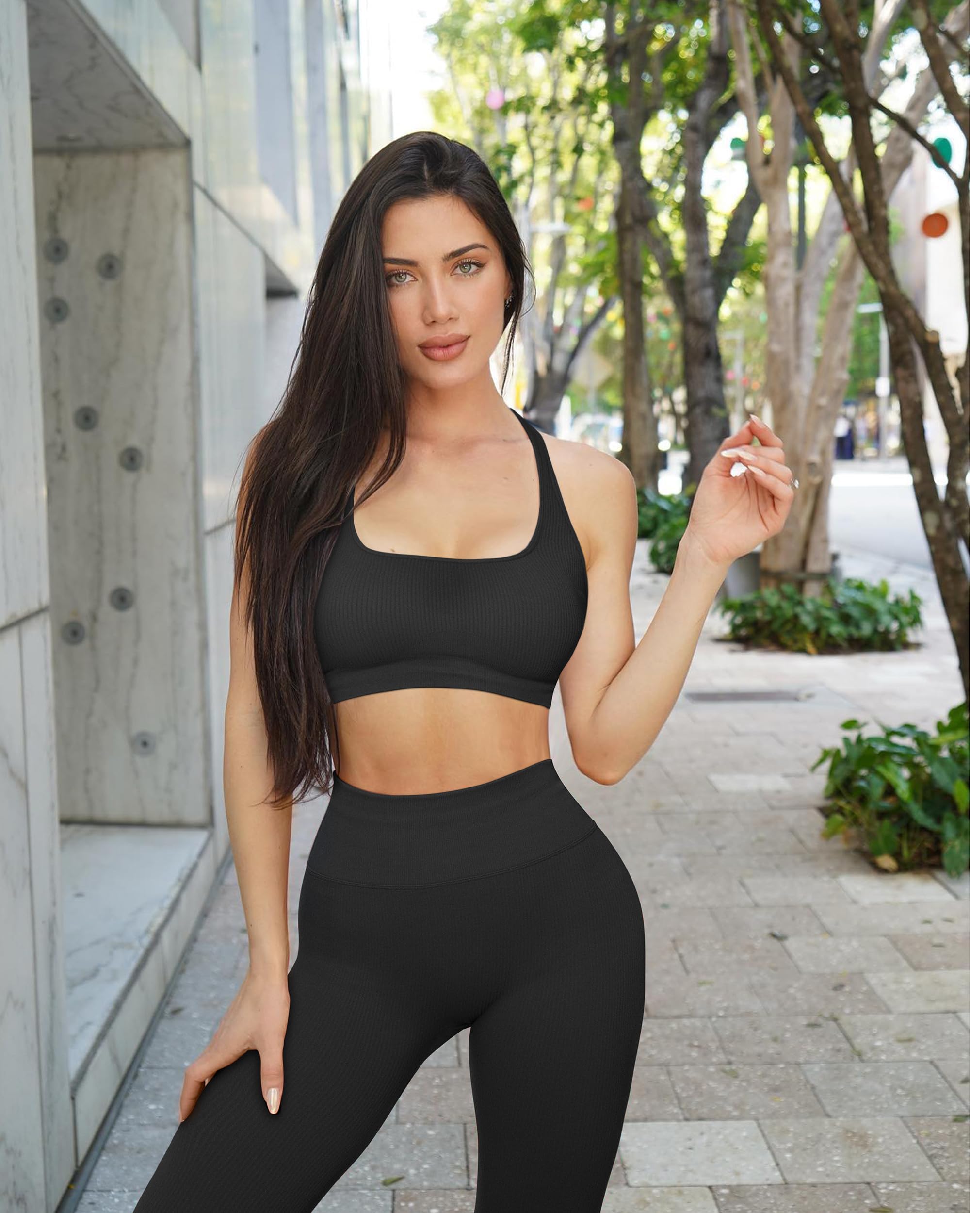 RXRXCOCO Conjunto de deporte acanalado para mujer, conjunto de entrenamiento para gimnasio, espalda descubierta, parte superior sin costuras, leggings para fitness