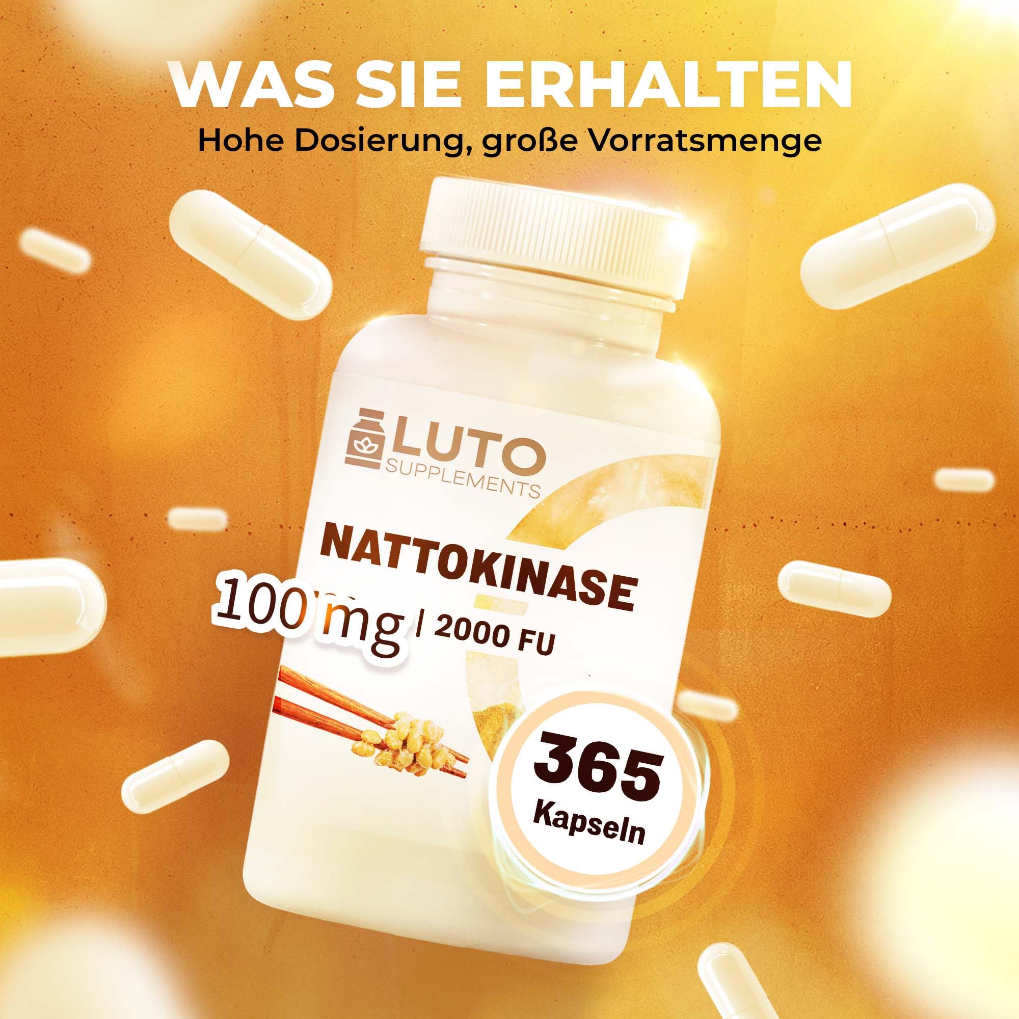 Nattokinase - 365 Kapseln - 100 mg (20.000 FU/g) - 12 Monate Vorrat - Laborgeprüft - hochdosiert - vegan - aus GVO-freiem Soja - ohne unerwünschte Zusätze - LUTO Supplements