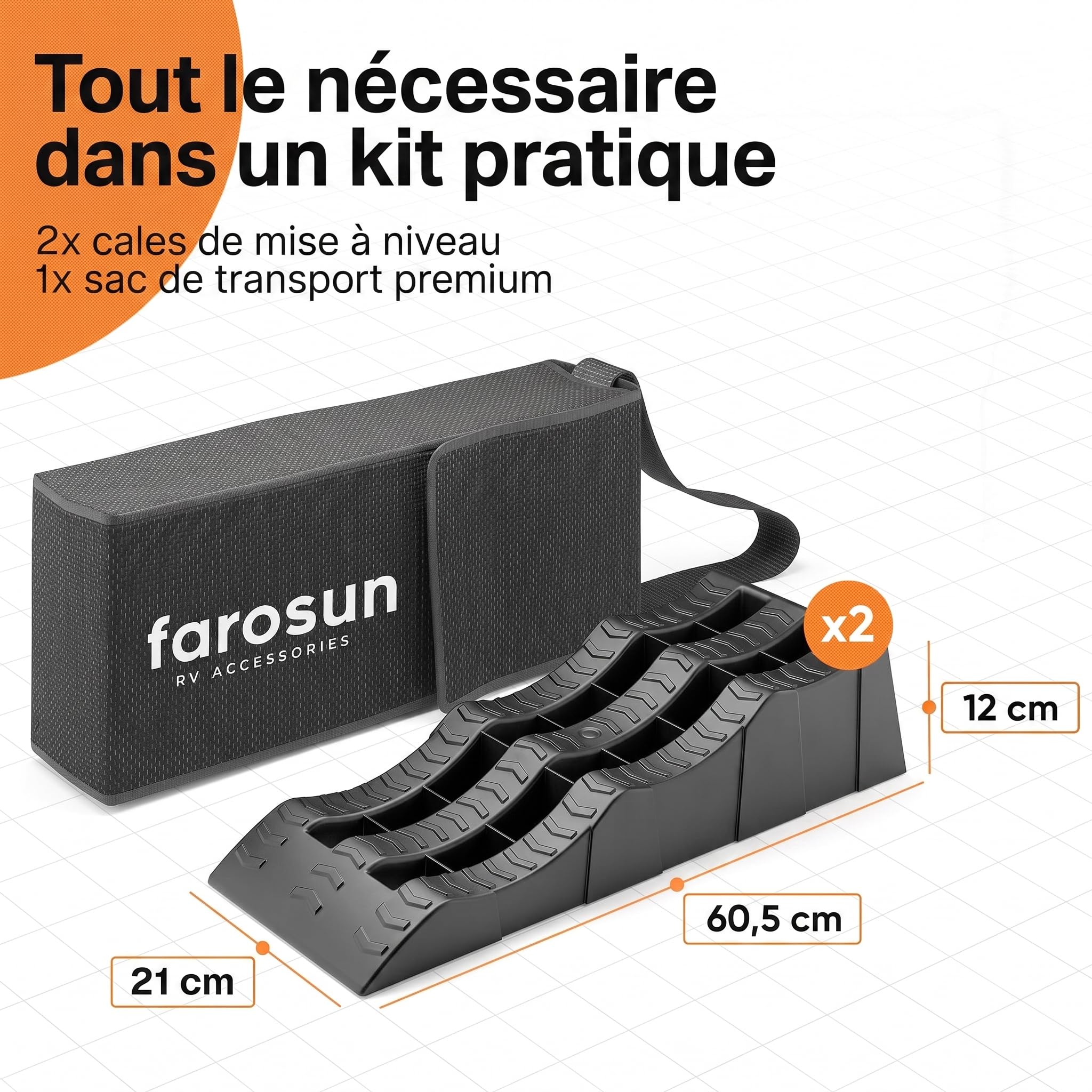 Cales de nivellement pour Camping-Car & Caravane – Lot de 2 avec 3 hauteurs (4/7/10 cm), Bandes antidérapantes & Sac de Transport – 5000 kg