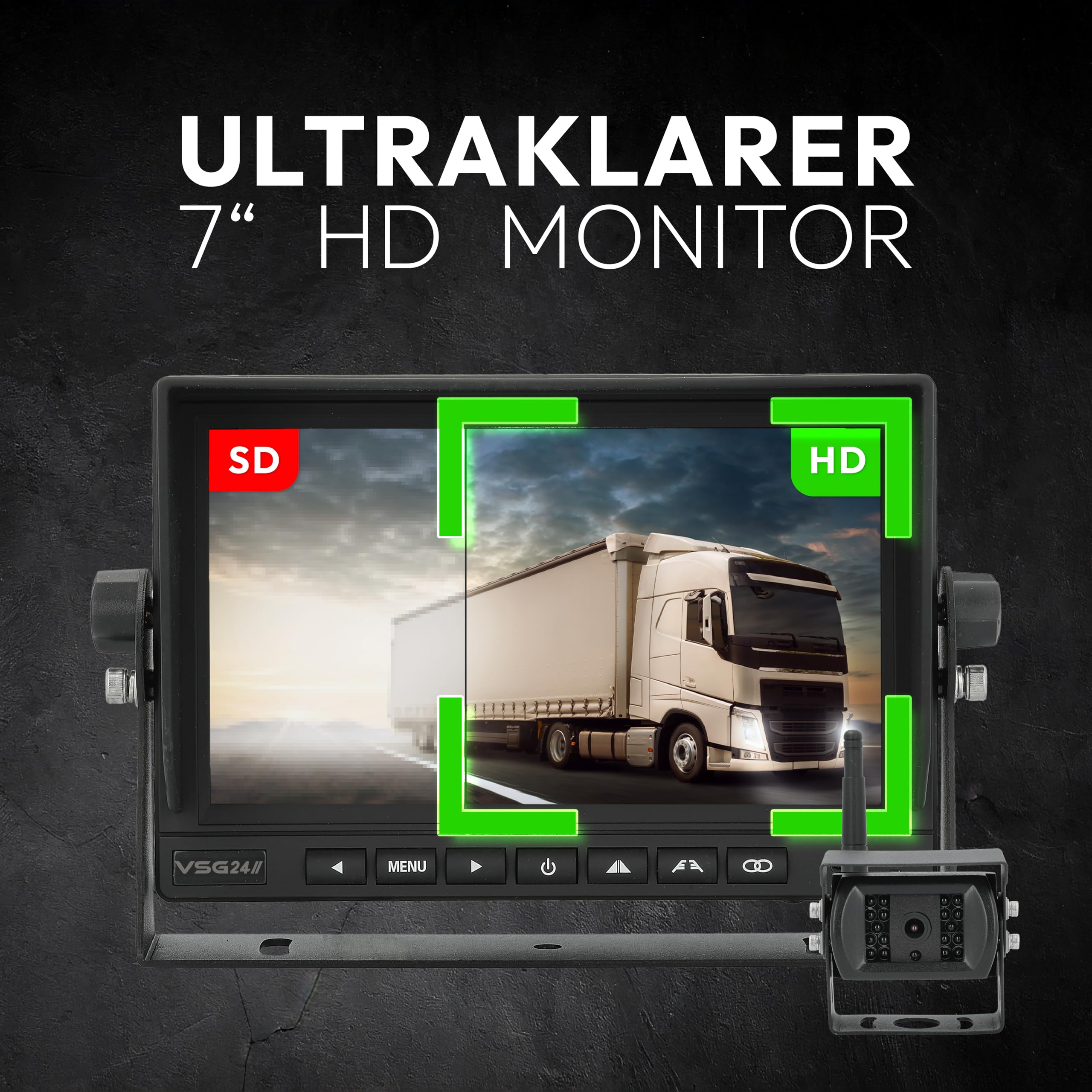 VSG24 7“ Evolution HD Funk Rückfahrsystem für Wohnmobil & LKW, KFZ Set kabellos inkl. Rückfahrkamera + Monitor, einfach zum DIY Nachrüsten 12V-24V, Kamera digital, Auto Rückspiegel Einparkhilfe