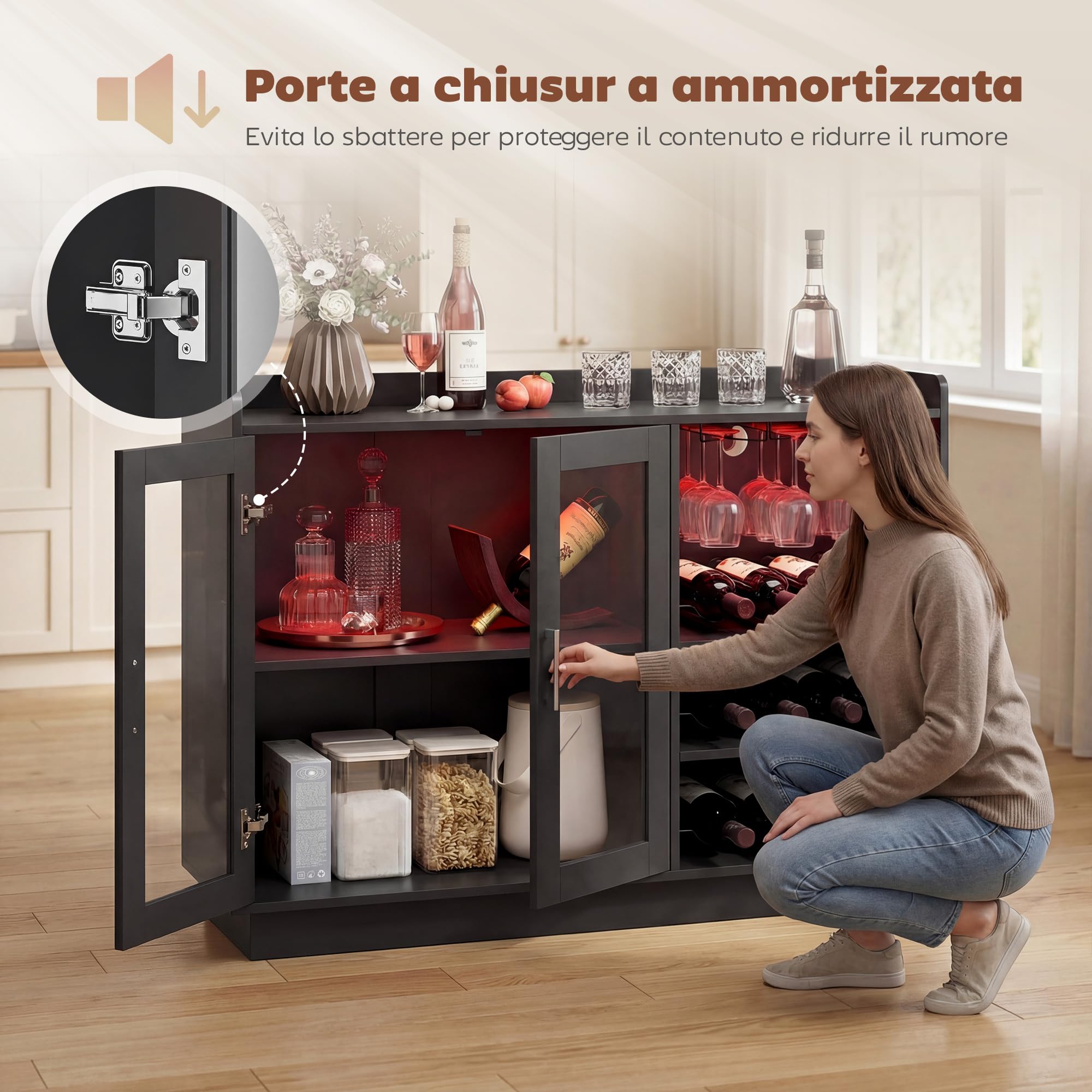 HOMCOM Mobile Portabottiglie con Luci LED RGB e Porta Bottiglie da 12, Cantinetta con Ante Soft Close in Vetro e Ripiano Regolabile per Sala da Pranzo, Cucina e Casa Nero