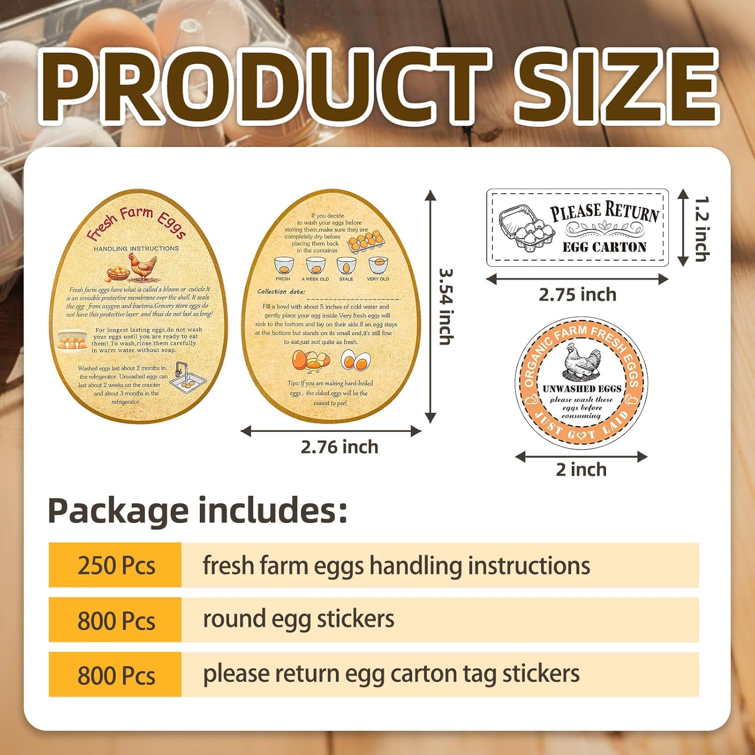 3 in 1 Total 1850pcs Farm Fresh Egg Stickers Set Including 250pcs Handing Instruction Cards,800pcs 2” Round Unwashed just got Laid Carton Stickers,800pcs Rectangular Please Return Egg Carton Labels - Image 2