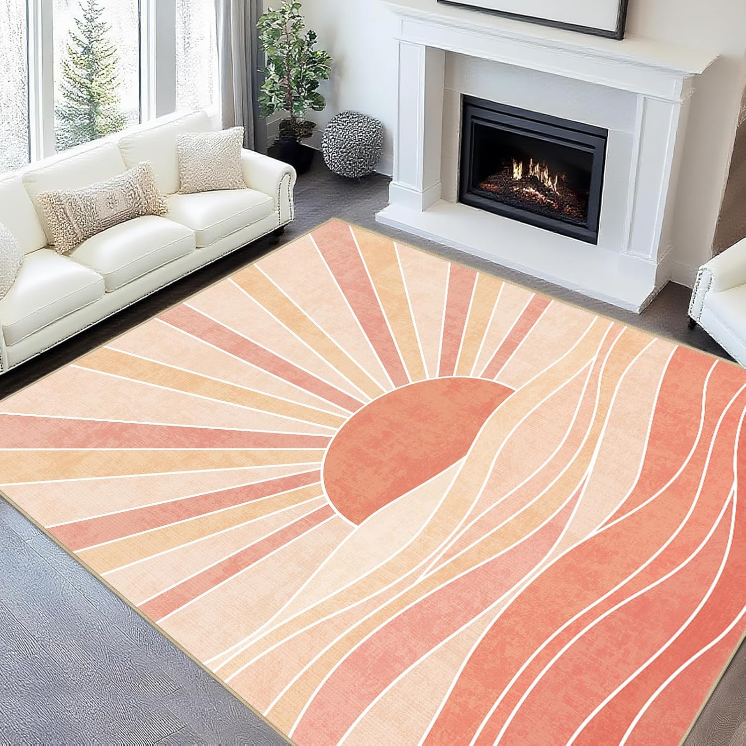 Sun 5x7 Rug for Living Room, Boho Mid Century Modern Rugs Bohemian Celestial Machine Washable Non-Slip Printed Low-Pile Floor Carpet for Bedroom Dining Room Office