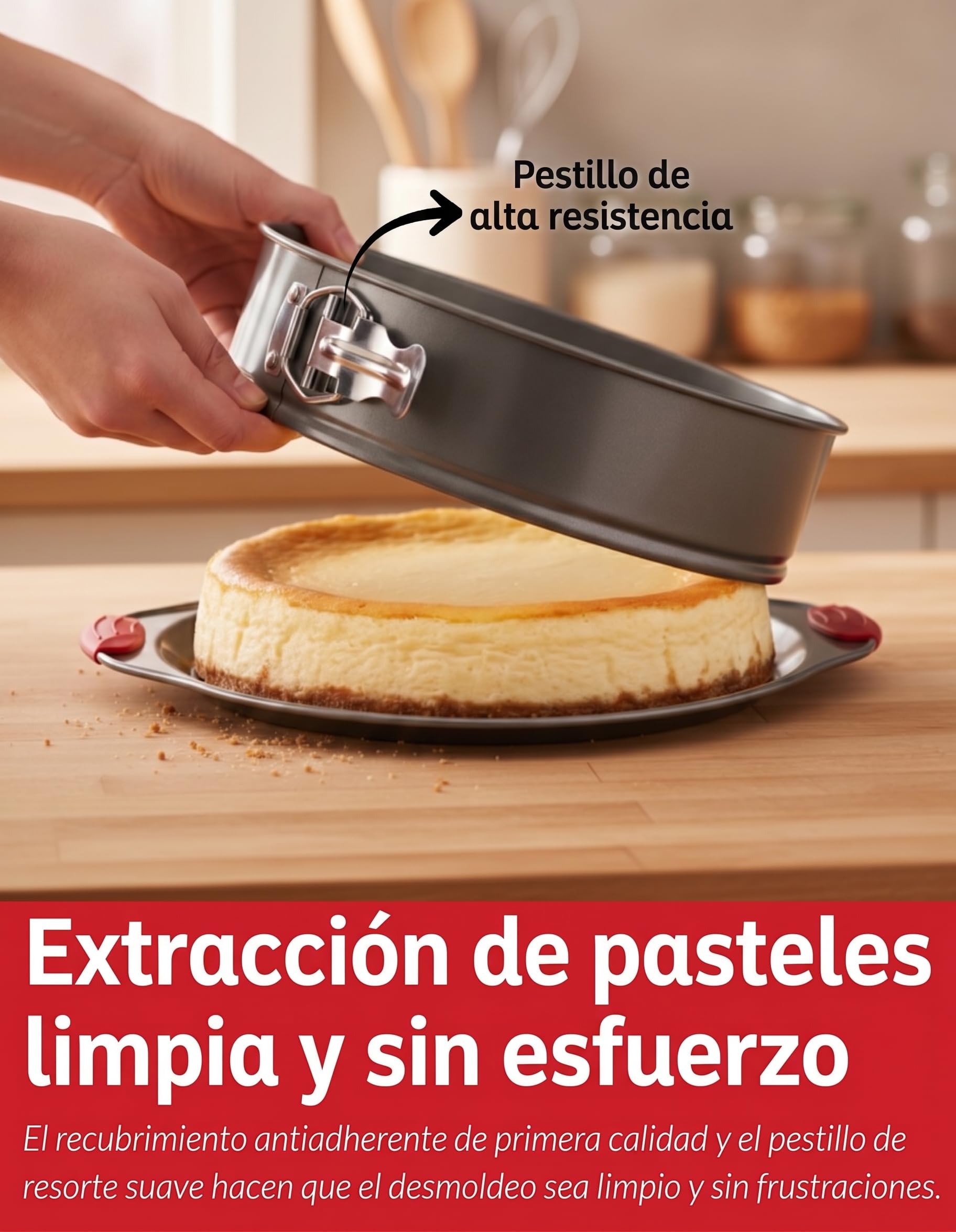 Molde Tarta Queso Desmontable Antiadherente 26 cm Redondo con Base Extraible - Molde Springform Profesional de Acero al Carbono con Cierre Hermetico y Asas de Silicona Roja - Boxiki Kitchen