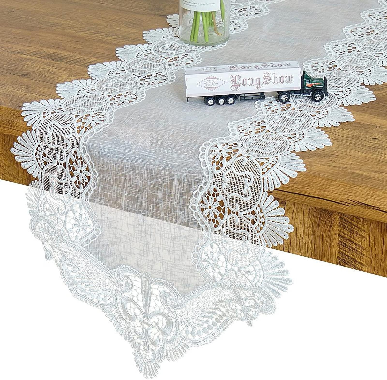 AEROiVi Lace Table Runner 72 Inches Long for Dining Table, Vintage Dresser Scarf for Living Room, Perfect for Wedding, Baby Shower Reception, 20 Inch Wide
