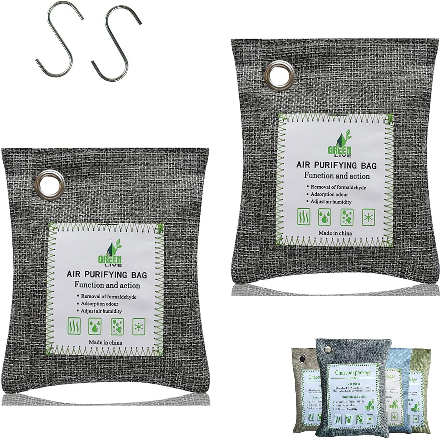 Bamboo Charcoal Bags Odor Absorber, 2 Packs 100g Charcoal Deodorizer Bags with Hooks, Nature Bamboo Charcoals Air Purifying Bags Activated Charcoals Odor Absorbers for Home Cars Pet Closet Bathroom