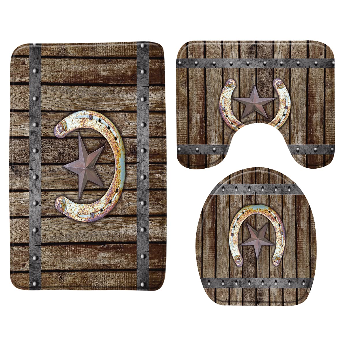 Rustic Farmhouse Memory Foam Bath Rug 3 pc Rusty Horseshoe Texas Star on Old Barn Wooden Garagedoor Vintage Western Country Cabin Bathroom Rug Set,Bath Mat,U-Shape Contour Rug,Toilet Lid Cover