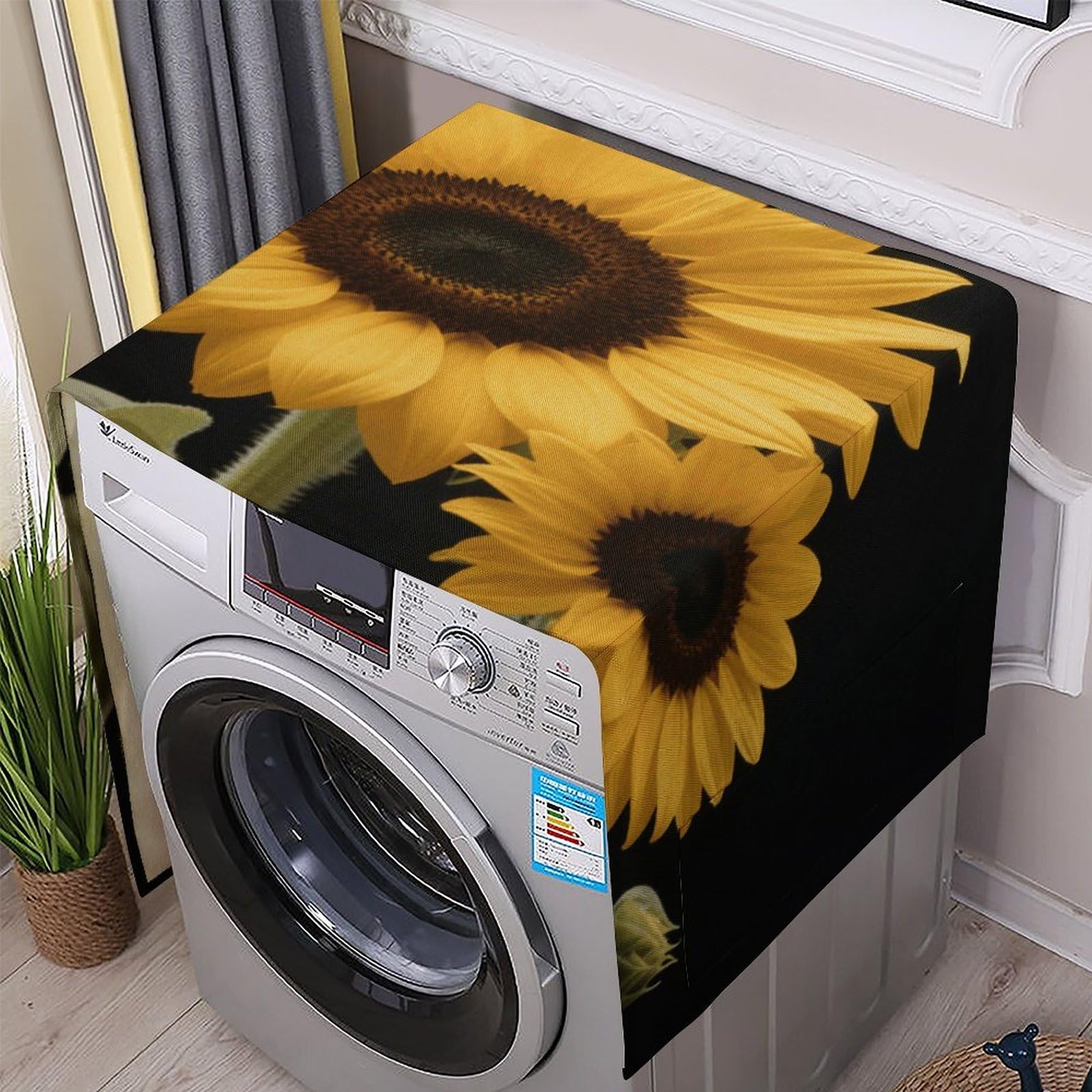Fodpand White Washing Machine Cover For Top Load Dustproof Sunflower Washer And Dryer Cover With Storage Pockets Household Appliance Covers Washable Top Protector Mat Pad For Laundry & Kitchen