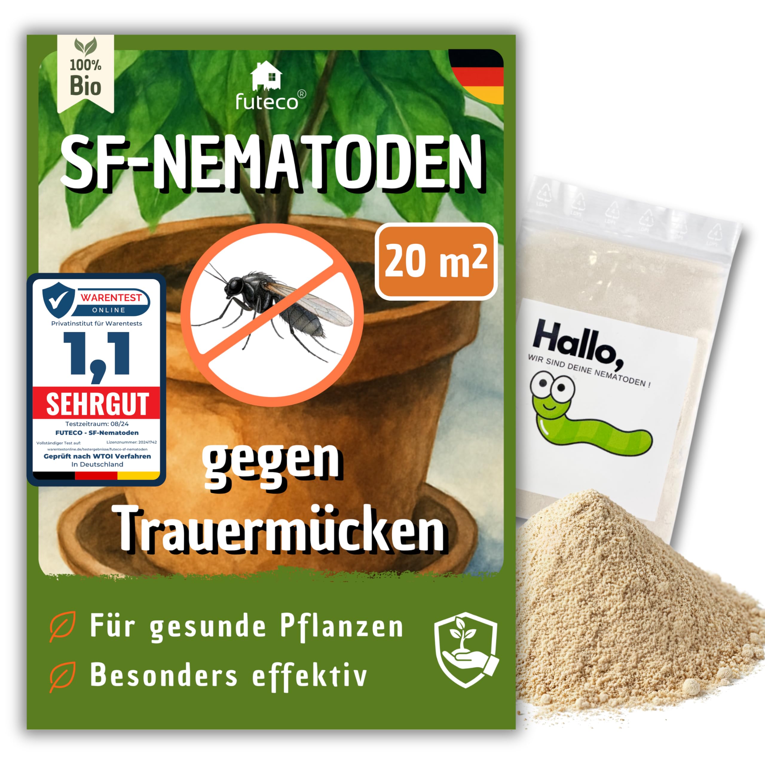 Futeco® – SF-Nematoden (20 Mio.) gegen Trauermücken – für 200 Pflanzen / 20m² Fläche – zum einfachen gießen