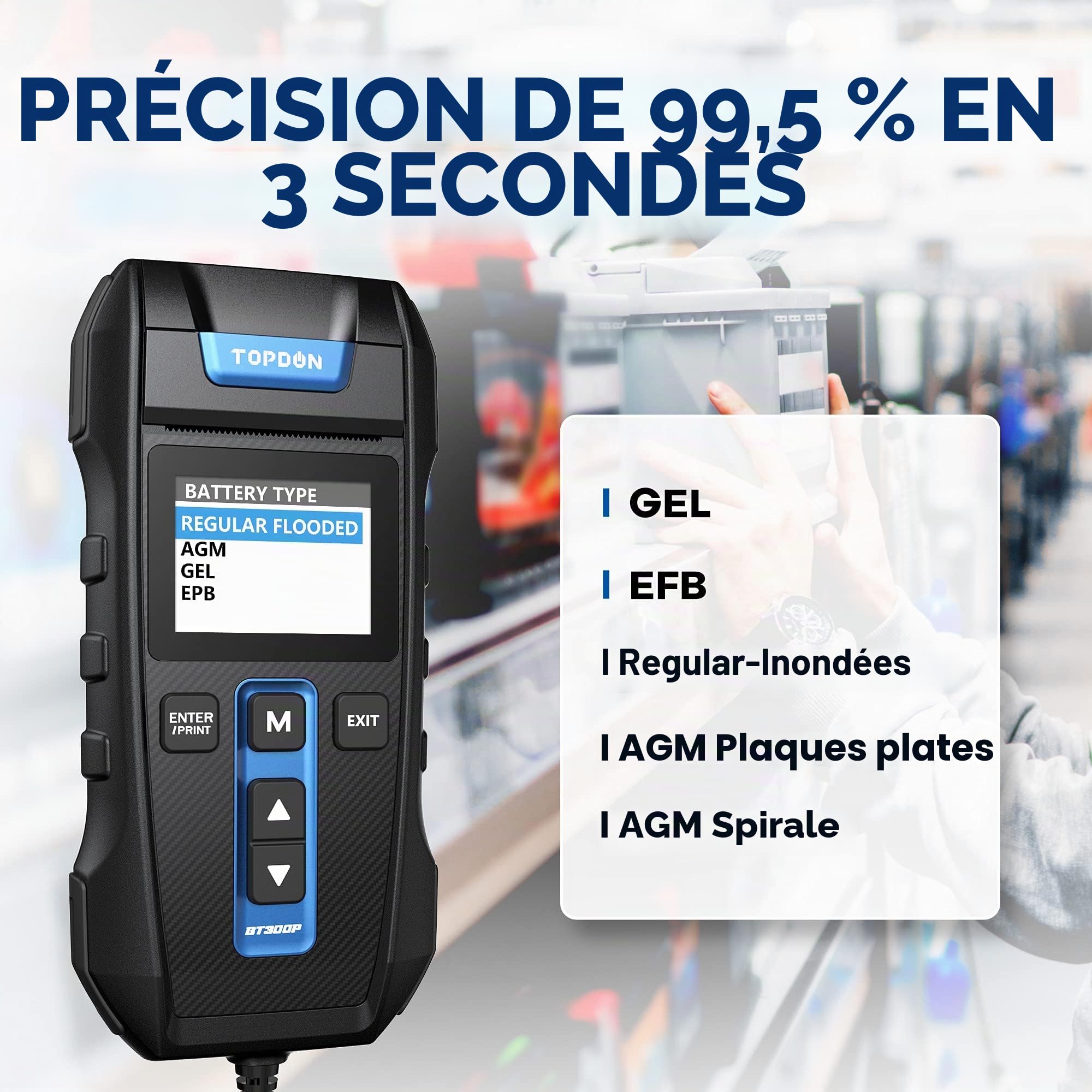 Testeur de Batterie TOPDON BT300P12V 24V Testeur batterie voiture professionnel Analyseur de système de démarrage avec imprimante intégrée pour voiture camion SUV moto bateau