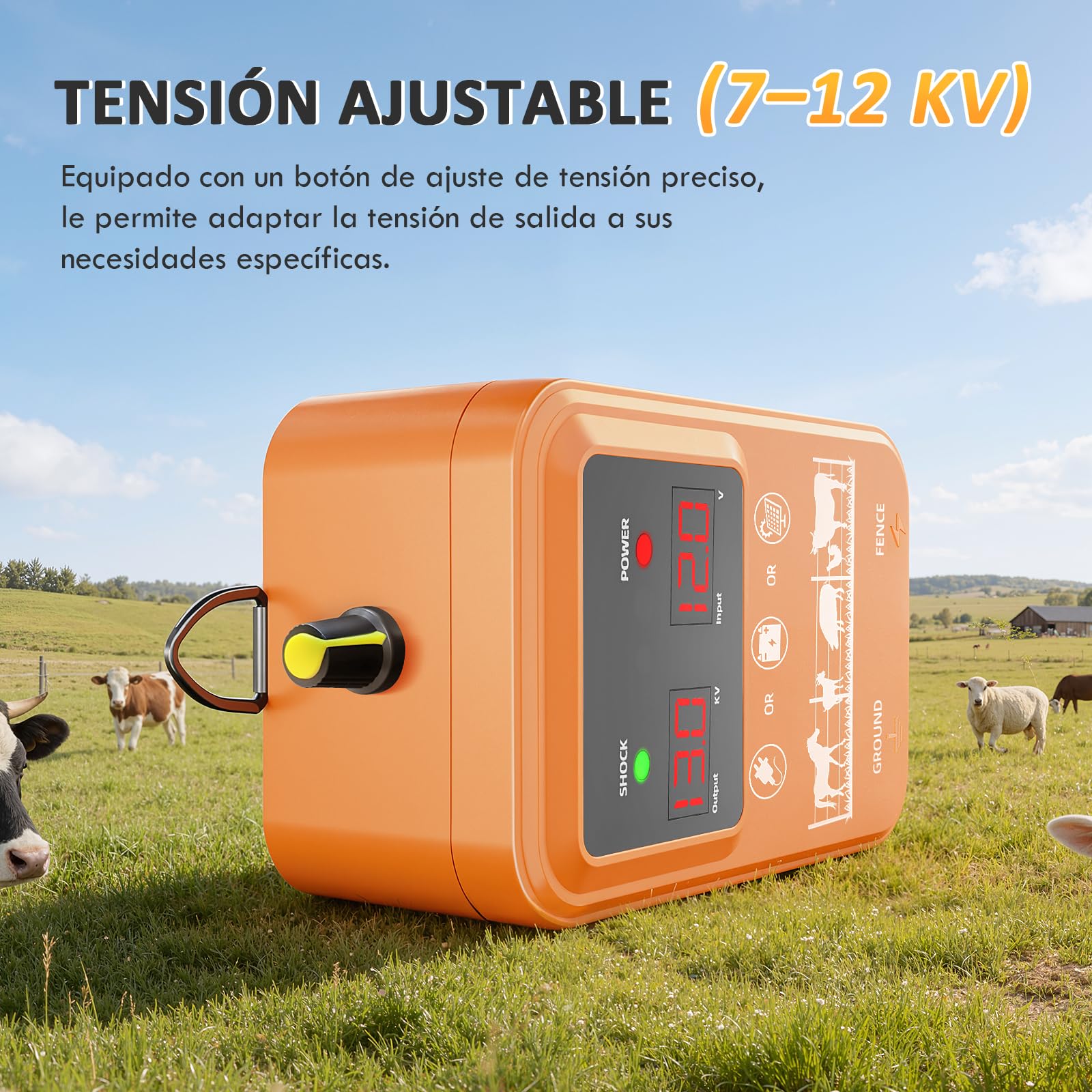 15KM Cerca Eléctrica para Ganado y Animales, Electrificador de Cerca Ajustable 7-13KV 2.0J de Alta Potencia, Protección Completa para Caballos, Ovejas, Perros, Pastos, Granja y Jardín (Naranja)