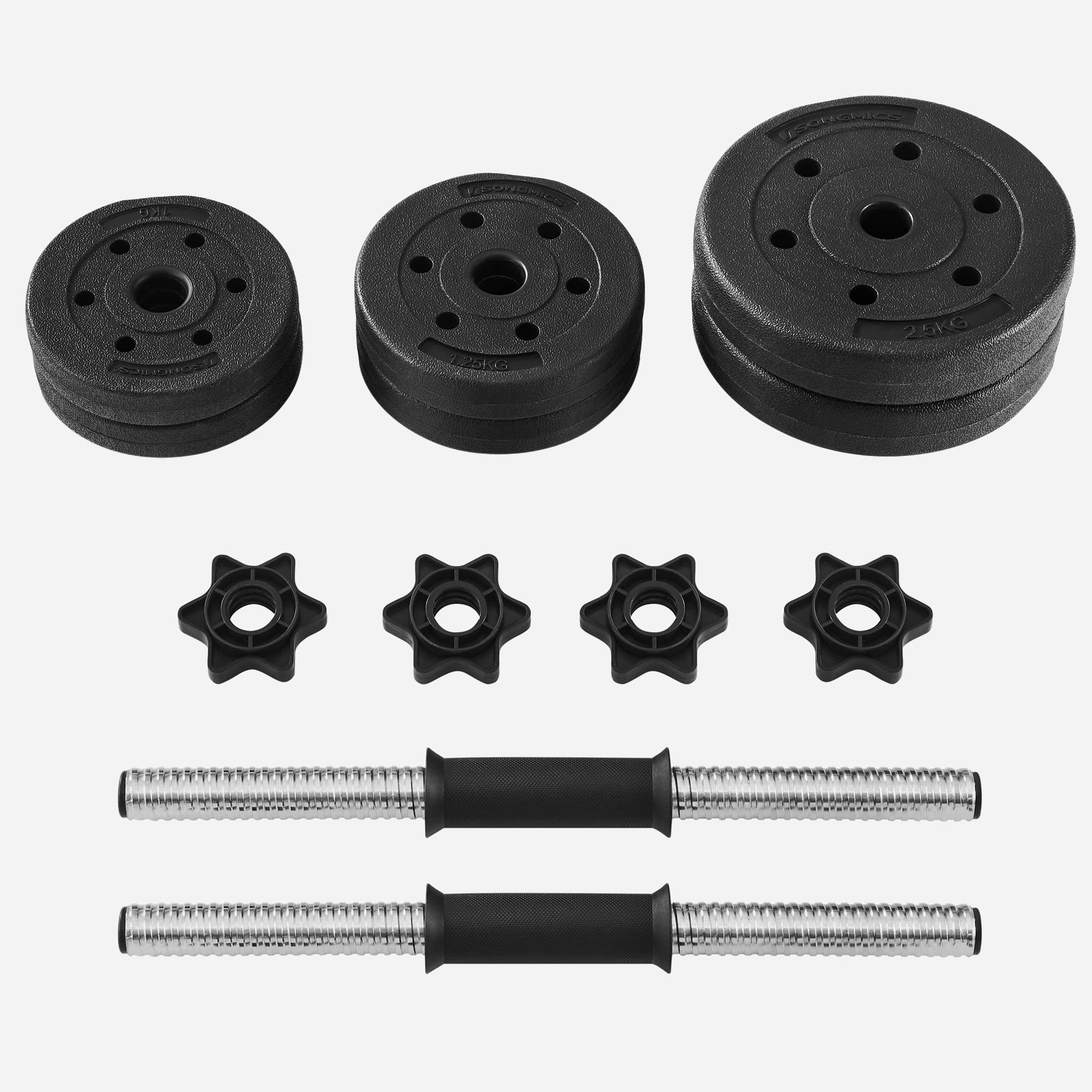 SONGMICS Set di manubri 2 in 1, manubri regolabili con barra extra bilanciere, piastre rivestite in plastica, esercizi fitness, palestra a casa