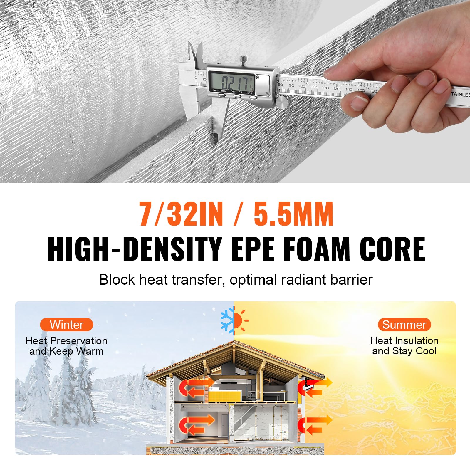 VEVOR Aislamiento Térmico Reflectante Doble Rollo de Aislamiento Barrera Radiante 15,24x1,22 m Núcleo de Espuma EPE Espesor de 5,5 mm Lámina de Aluminio Doble Cara para Ventana, Techo de RV