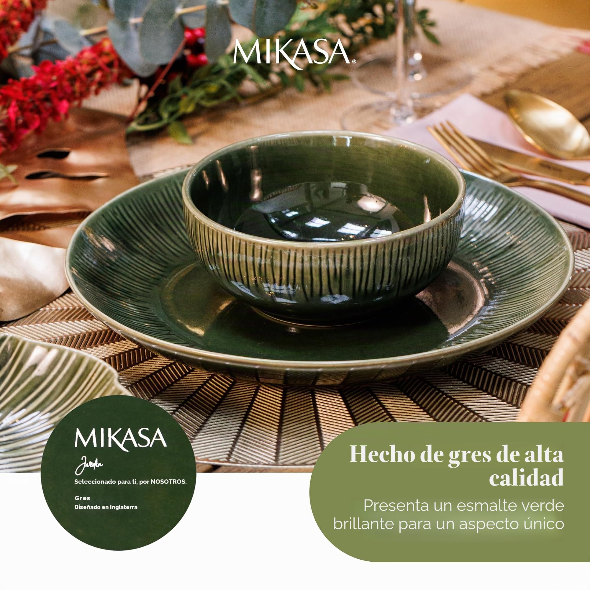 Mikasa Jardin - Plato redondo de gres verde para servir alimentos, 35 cm, plato grande para entrantes y antipasti, en caja de regalo y apto para lavavajillas