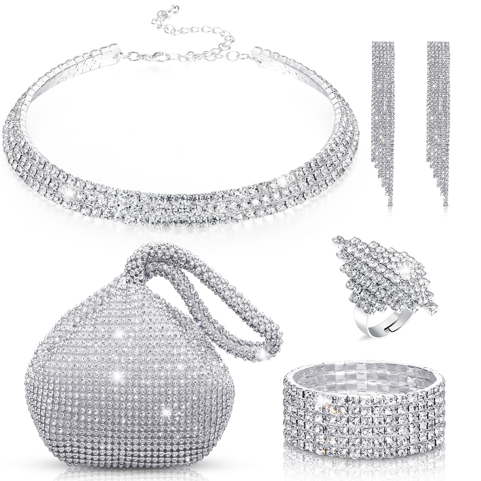 Hicarer5 Pcs Women Crystal Jewelry Set Wedding Triangle Bling Evening Clutch Bag Glitter Rhinestone Stretch Choker Necklace Bracelet Ring Dangle Fringe Earrings for Bride and Bridesmaids
