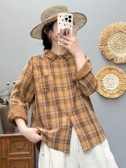 Amazon | [Hanmall] シャツ レディース 長袖 綿100 ブラウス チェック