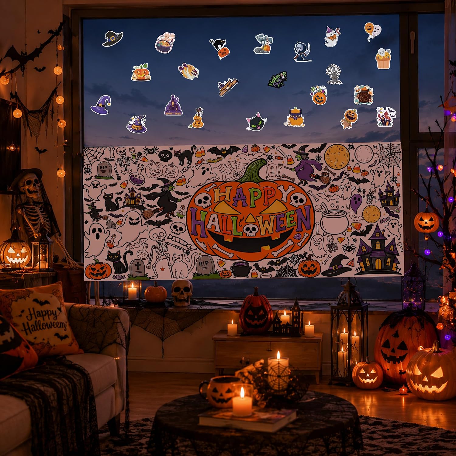 Halloween Crafts for Kids - Giant Coloring Poster with 90 PCS Kids Stickers