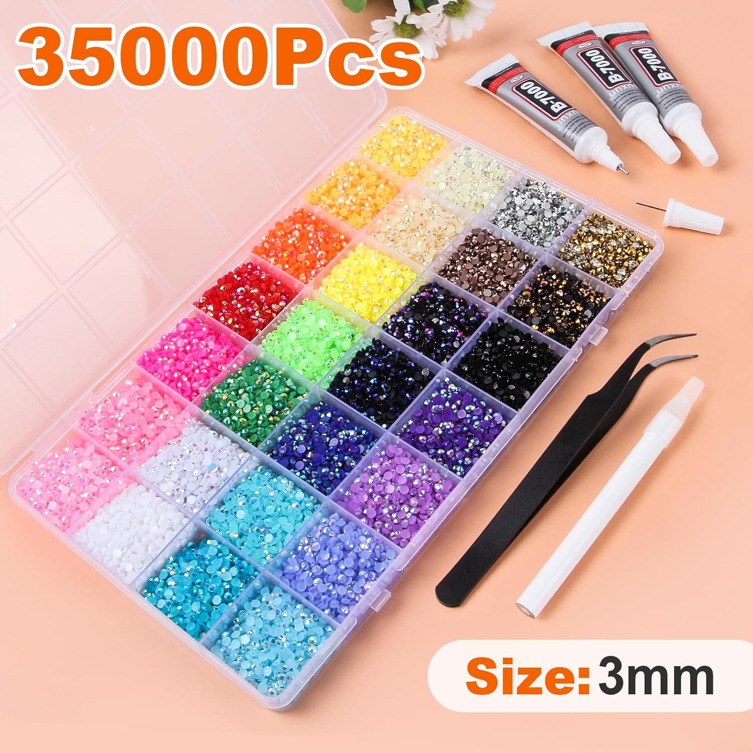 35000Pcs Resin Jelly Rhinestones for Bedazzling, 28 Colors 3mm Flatback Gems for Diamond Art, Bedazzler Kit with 3Pcs 10ml B7000 Jewelry Glue for Crafting Crafts Book Shoes Nail Art