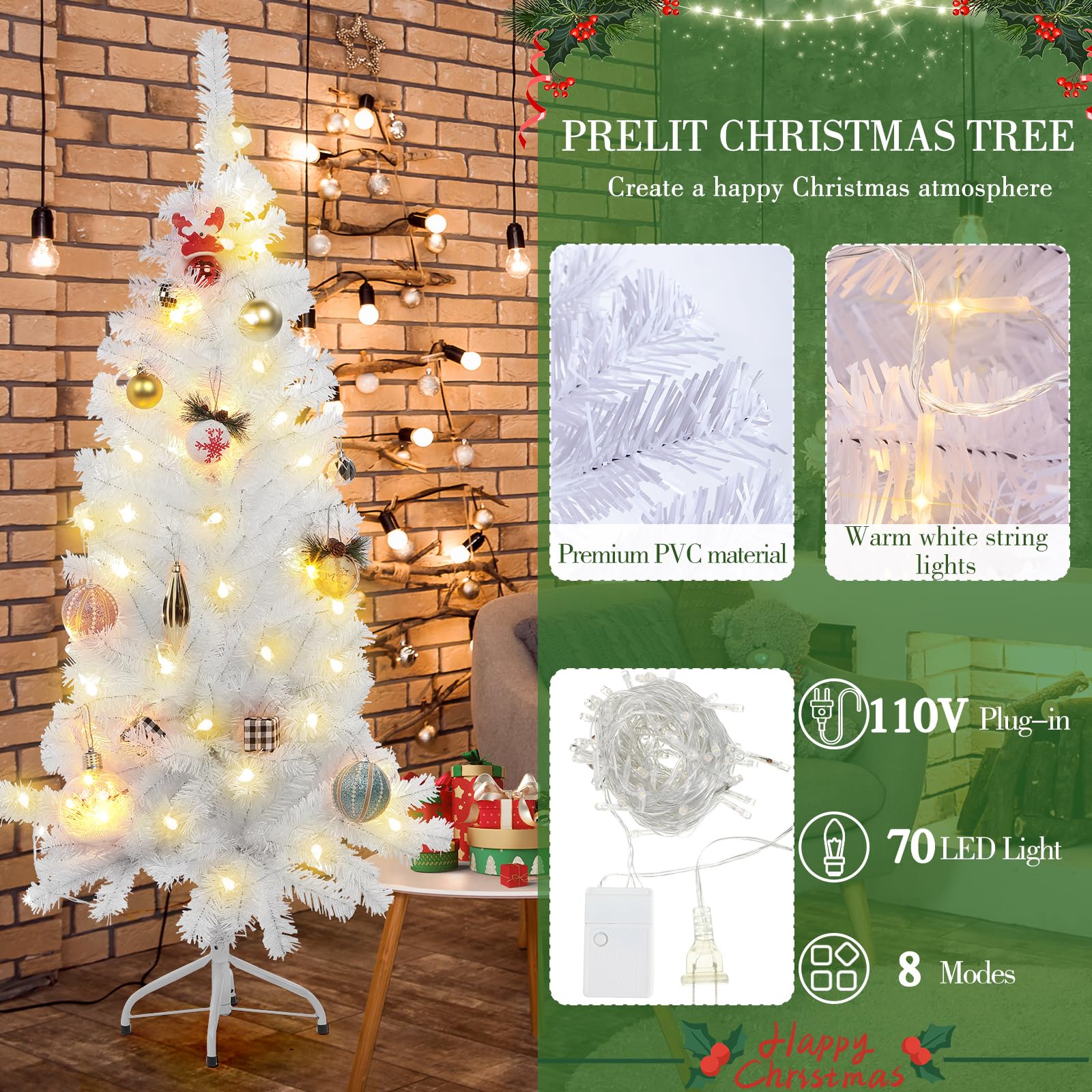 Liliful 4FT Pre Lit Artificial Christmas Tree with Plug in 70 LED Warm Light Pencil Xmas Pine Tree with Folding Metal Stand Hinged Spruce Christmas Tree for Home Christmas Xmas Holiday Party (White)