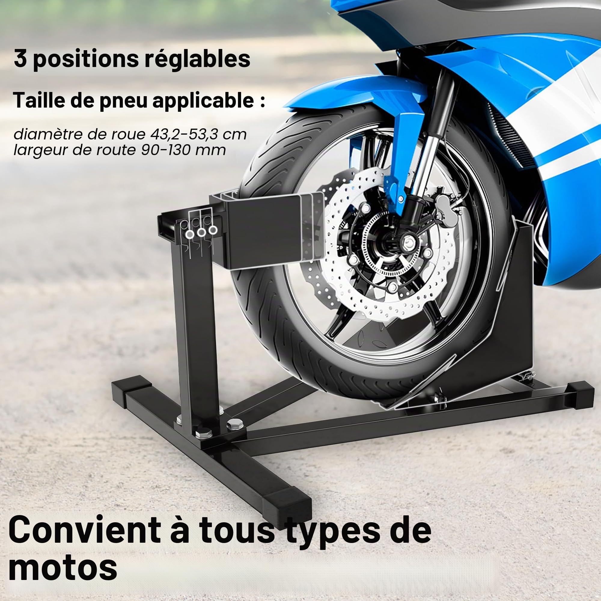 UISEBRT Support de roue avant pour moto en acier - Pied de montage adapté aux pneus de 17" à 21" et de 90 à 130 mm de largeur - avec pieds en caoutchouc antidérapants, Dimensions : 620x460x410 mm