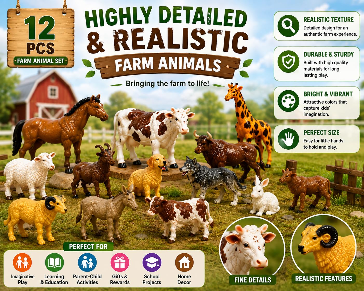 Brand Conquer Farm Animal Toys for Kids, 12 Pcs Realistic Farm Animal Figures Set, Non-Toxic Plastic Learning Toys for Boys & Girls, Educational Montessori Animal Playset, Birthday Gift for 3+ Years — Amazon image 6