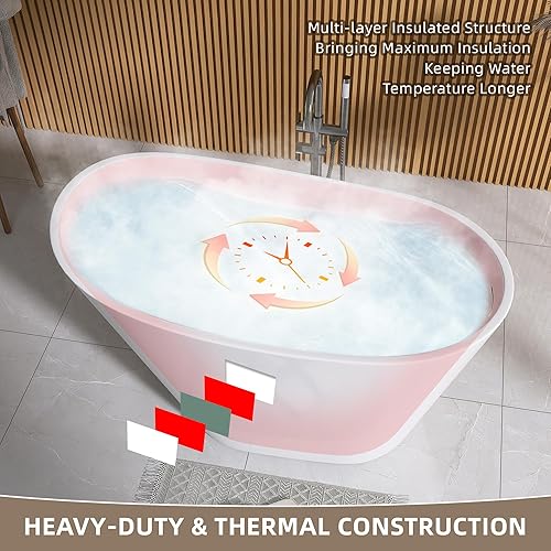 Miniatura 7 de GETPRO Bañera de pie independiente de acrílico de 67 pulgadas, bañera independiente de forma ovalada, bañera ajustable sola con desbordamiento