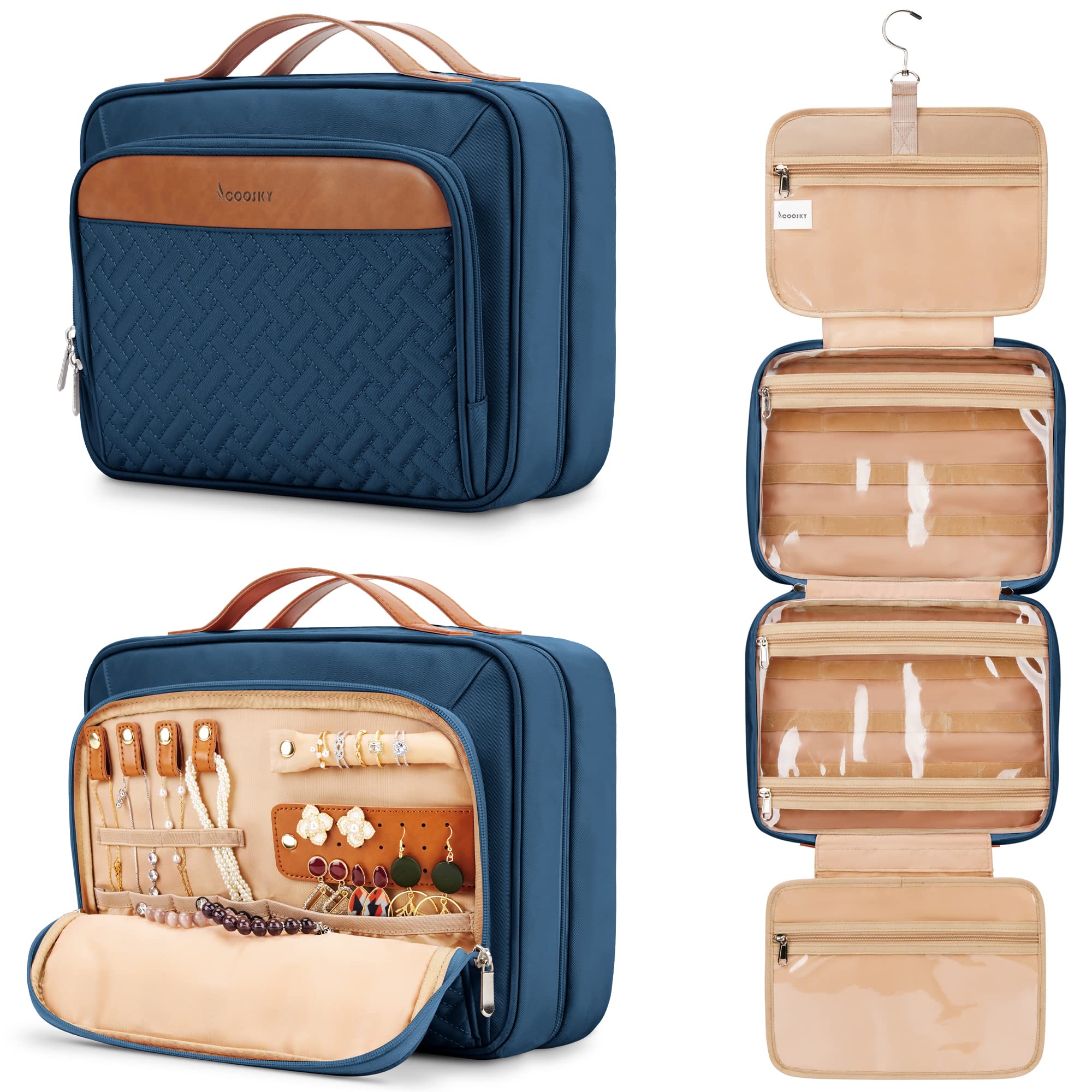 COOSKYTravel Hanging Toiletry Bag for Women, Extra Large Makeup Bag, Holds Full-Size Shampoo, with Jewelry Organizer Compartment, Waterproof Cosmetic Bag, Toiletries Kit Set with Trolley Belt, Navy Blue