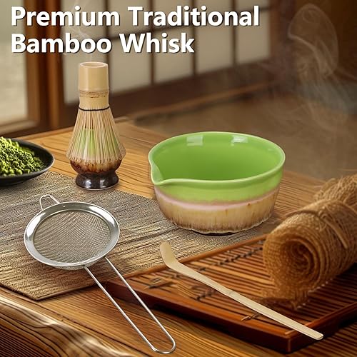 Miniatura 2 de Juego de batidor de matcha, batidor de bambú Chasen, cuenco de matcha verde con boquilla, cuchara de chashaku, tamiz, batidor de matcha y soporte