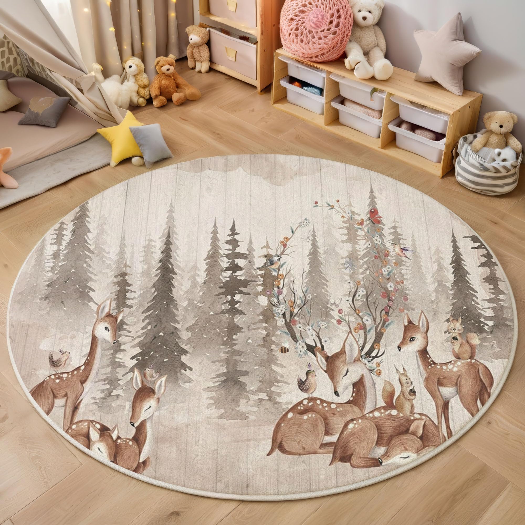 Tapis rond animaux cerf sika pour créer un coin lecture enfant douillet