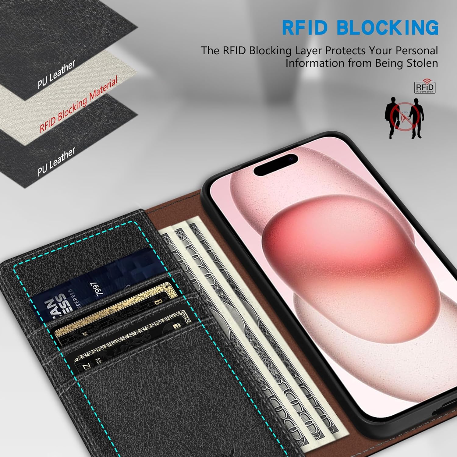 ZZXX for iPhone 15 Wallet Case with [RFID Blocking] Card Slot Stand Strong Magnetic Leather Flip Fold Protective Phone Case for iPhone 15 Case Wallet(Black-6.1 inch) - Image 3