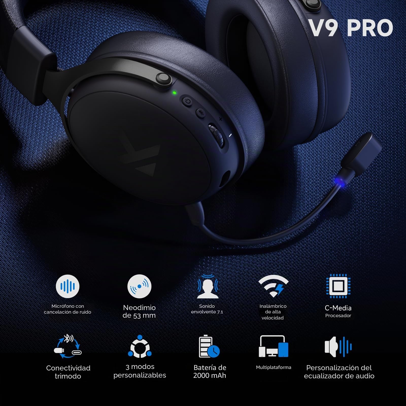 MCHOSE V9 Pro Auriculares Gaming, Son Surround 7.1, Controladores de Audio 53 mm, Micrófono Desmontable, Banda Ajustable, Ligero, USB-C con Cable, 2.4G / BT Inalámbrico, para PC, Mac, PS5, PS4, Switch