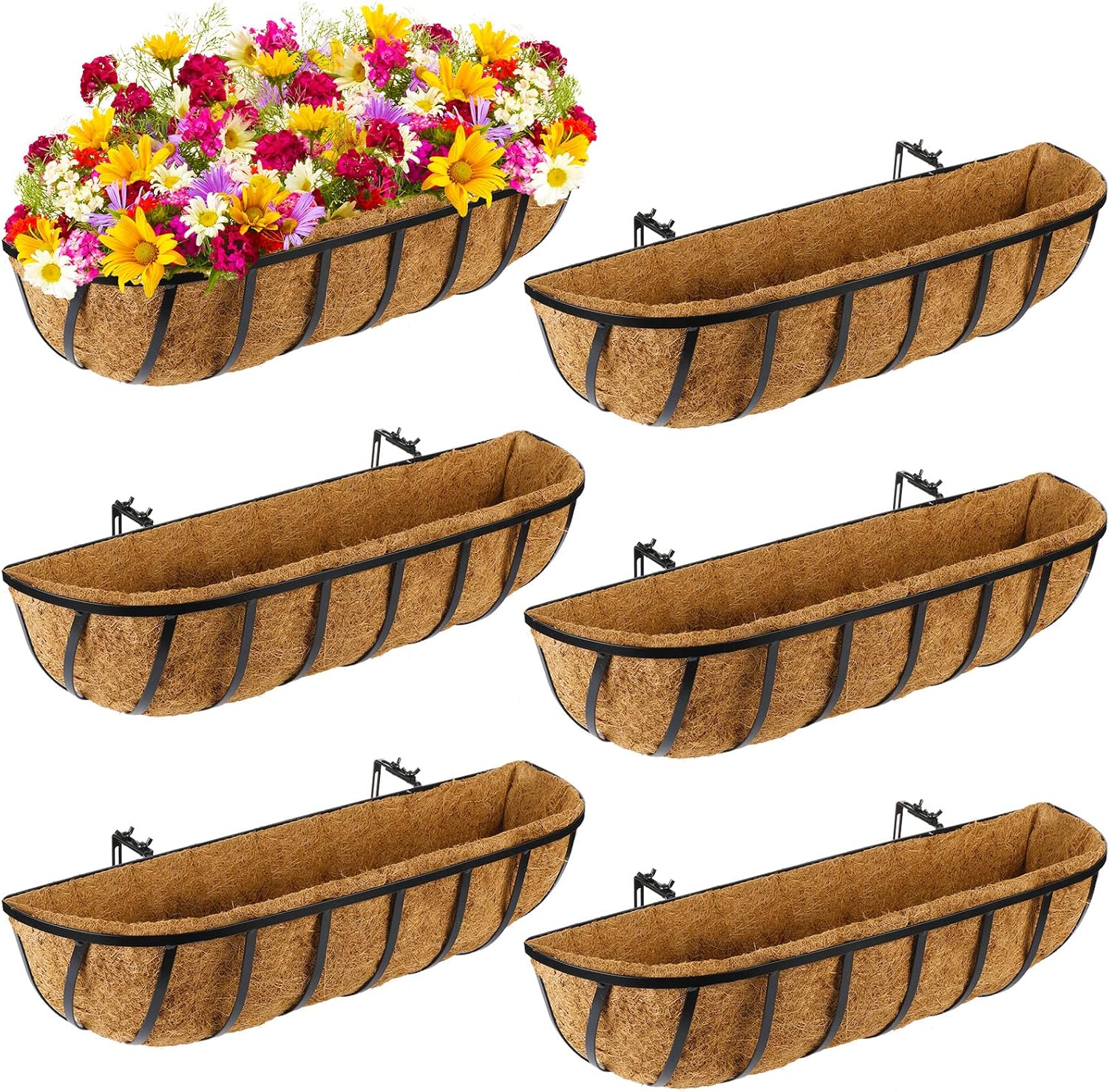 6 Pieces Window Baskets with Coconut Liner 24 Inch Window Deck Planters Boxes Railing Planter Metal Black Hanging Flower Planter Window Basket for Indoor Outdoor Lawn