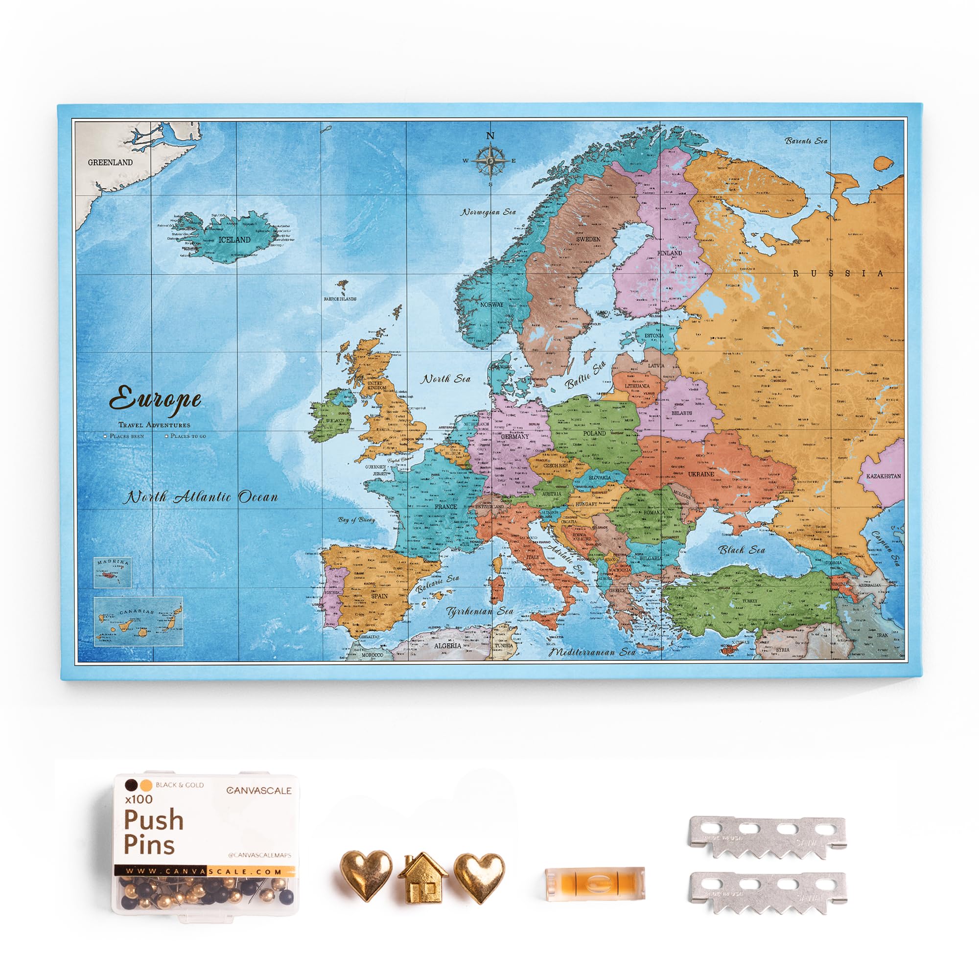 Canvas Europe Map with Cork Pin Board - Decorative Wall Decoration for All Rooms - Canvas Pictures with Europe Map Motif (90x60 cm, Pattern 21)