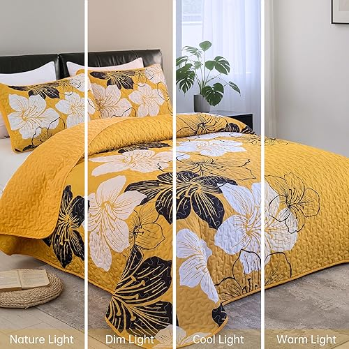 Miniatura 139 de DJY Juego de edredón de 3 piezas, tamaño Queen, con patrón floral amarillo, elegante colcha bohemia con 2 fundas de almohada, juego de ropa de cama