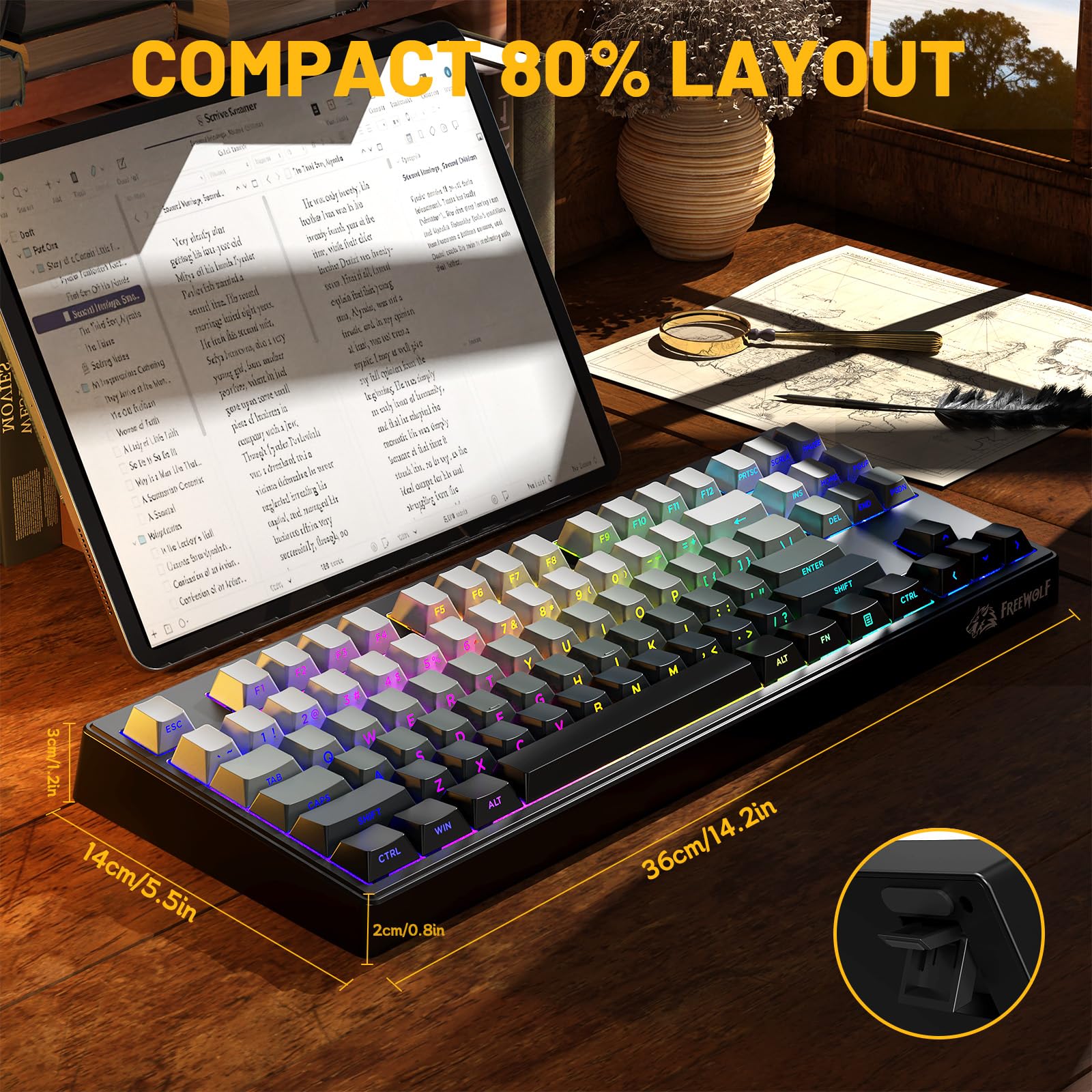 FREEWOLF M87V2 Wireless Gaming Keyboard, Tri-Mode BT/2.4G/cablata, silenziosa e delicata, 4000 mAh, tasti con stampa laterale, QWERTY US, anti-ghosting, 16 m RGB, per Mac/Win