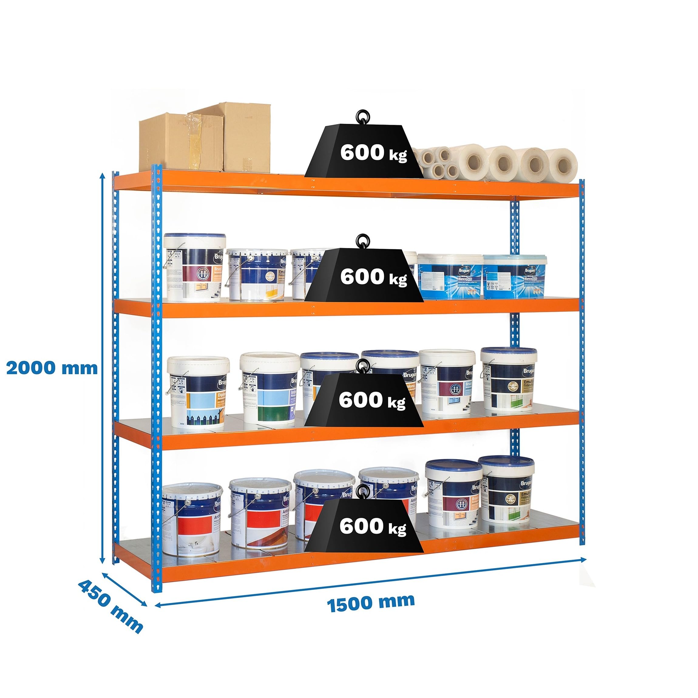 Simon Rack Estanteria Industrial, 2000x1500x450 mm, 600 kg de Punto Flexión, 4 Estantes, Estanterias Almacenaje, Estanterias Metalicas, Azul/Naranja/Galva - SimonTaller