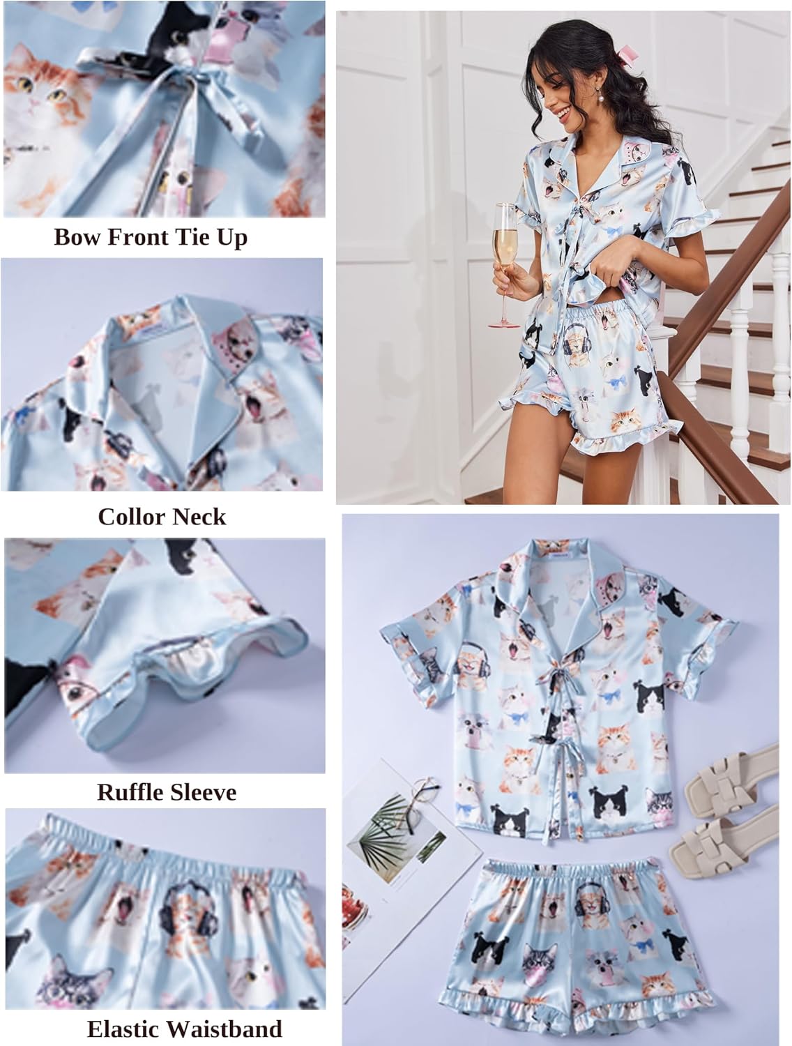 Ekouaer Satin Pajama for Women Short Sleeve Silky Pj Short Set Bow Front Tie Up Loungewear Sleepwear - Image 7