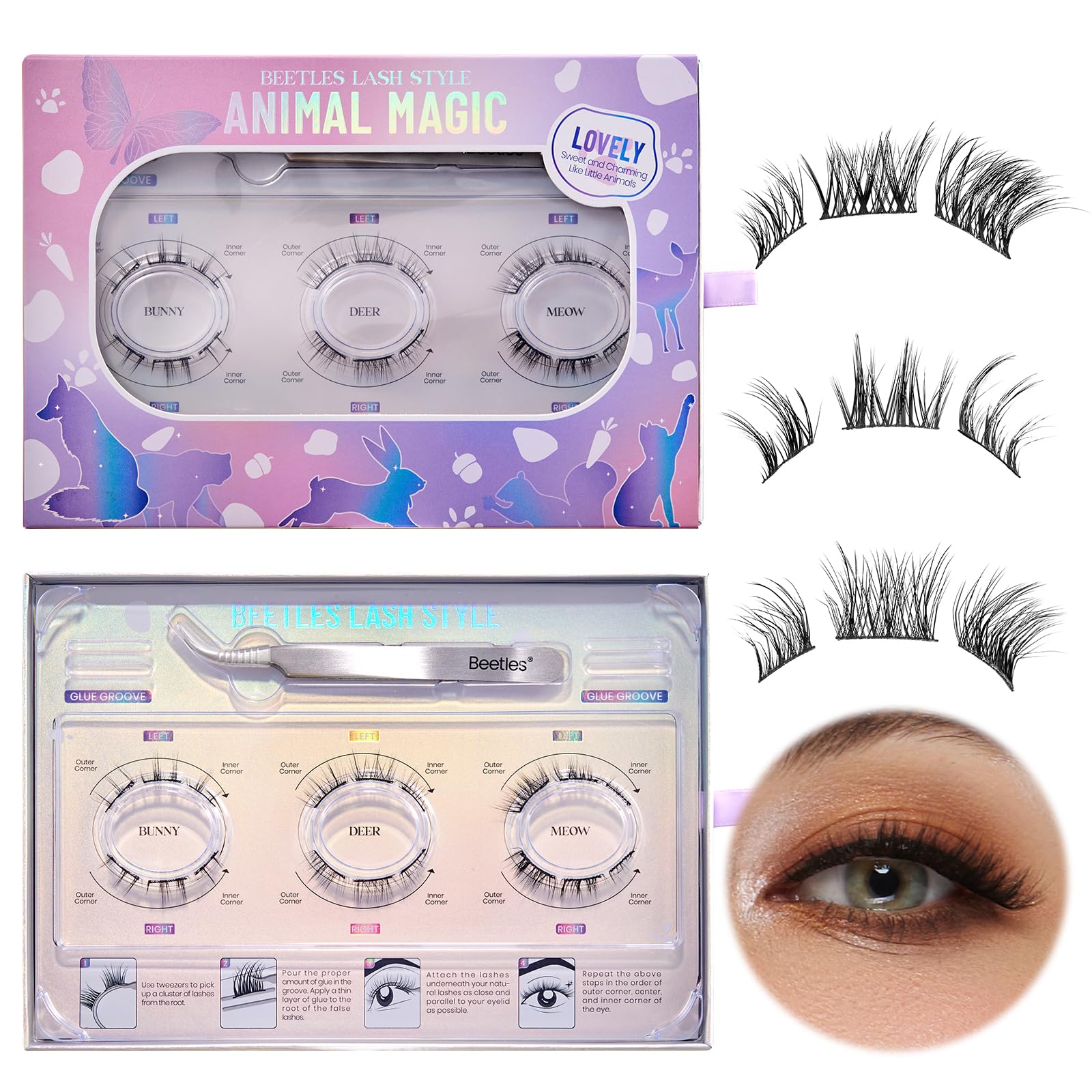 Beetles Eyelashes Easy Lashes Easy Trio Lash Clusters False Eyelashes Animal Magic 3 Pairs of Mixed Natural Lash Clusters with tweezers Fake Lashes for Women Eyelash Extension Kit Individual Lashes